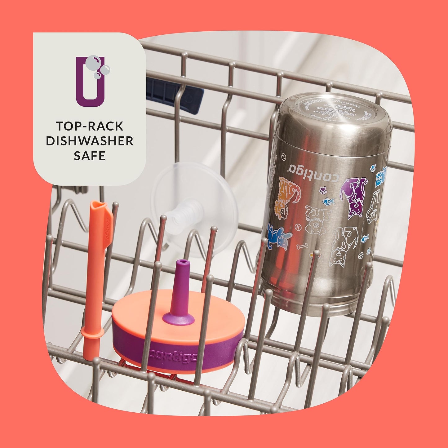 Contigo Leighton Vaccum-Insulated Kids Water Bottle with Spill-Proof Lid and Straw, 12oz Stainless Steel Water Bottle with Straw for Kids, Keeps Drinks Cold up to 13 Hours, Coral/Grape