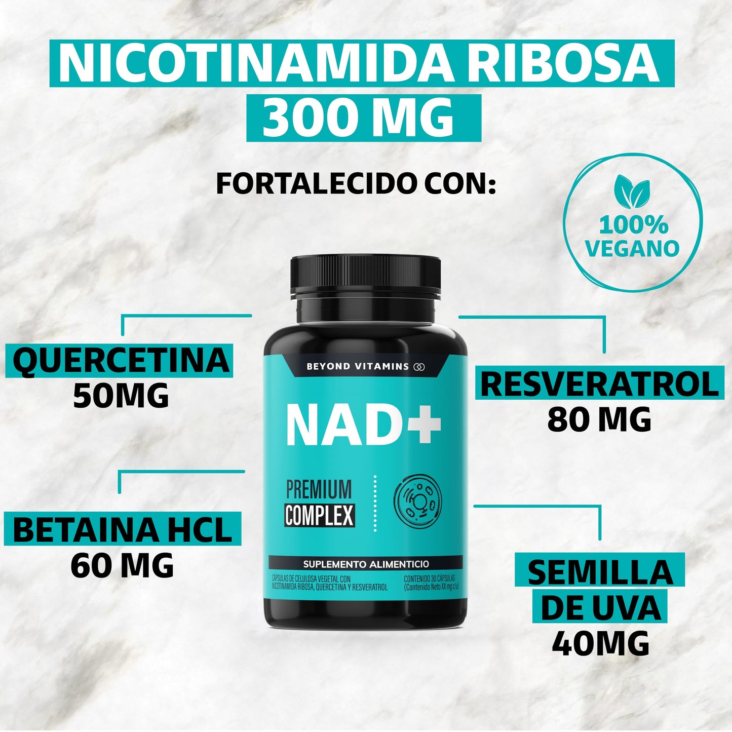 Suplementos NAD+ Nicotinamida Ribosa Beyond Vitamins con Resveratrol y Quercetina