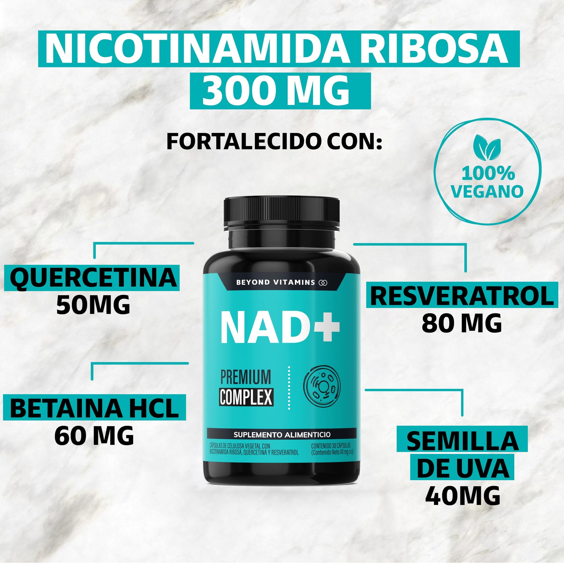 Suplementos NAD+ Nicotinamida Ribosa Beyond Vitamins con Resveratrol y Quercetina