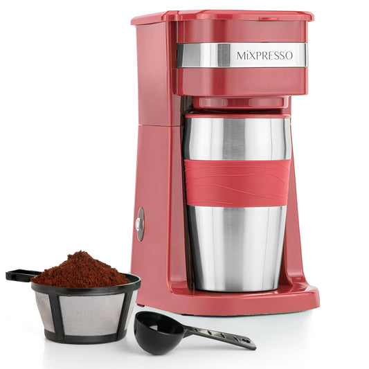 Mixpresso - Cafetera personal y taza de viaje de 14 onzas, cafetera pequeña y vaso de goteo, apagado automático y filtro reutilizable, cafetera roja compatible con posos de café