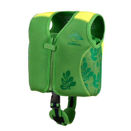 Konfidence - Chaleco de natación de alta calidad con correa de seguridad extraíble para niños, flotabilidad ajustable, compatible con UKCA y CE, aprobado para la escuela de natación (Maui Green, S (15