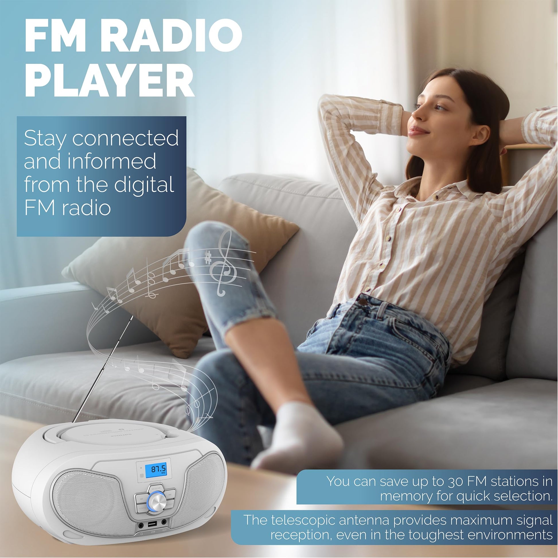 Philips Reproductor de CD Boombox, Aumento de graves dinámico con Bluetooth, Radio FM, Reproducción USB y entrada AUX, Boombox portátil de carga superior, Estéreo claro, Compatible con RW/MP3 (Blanco)