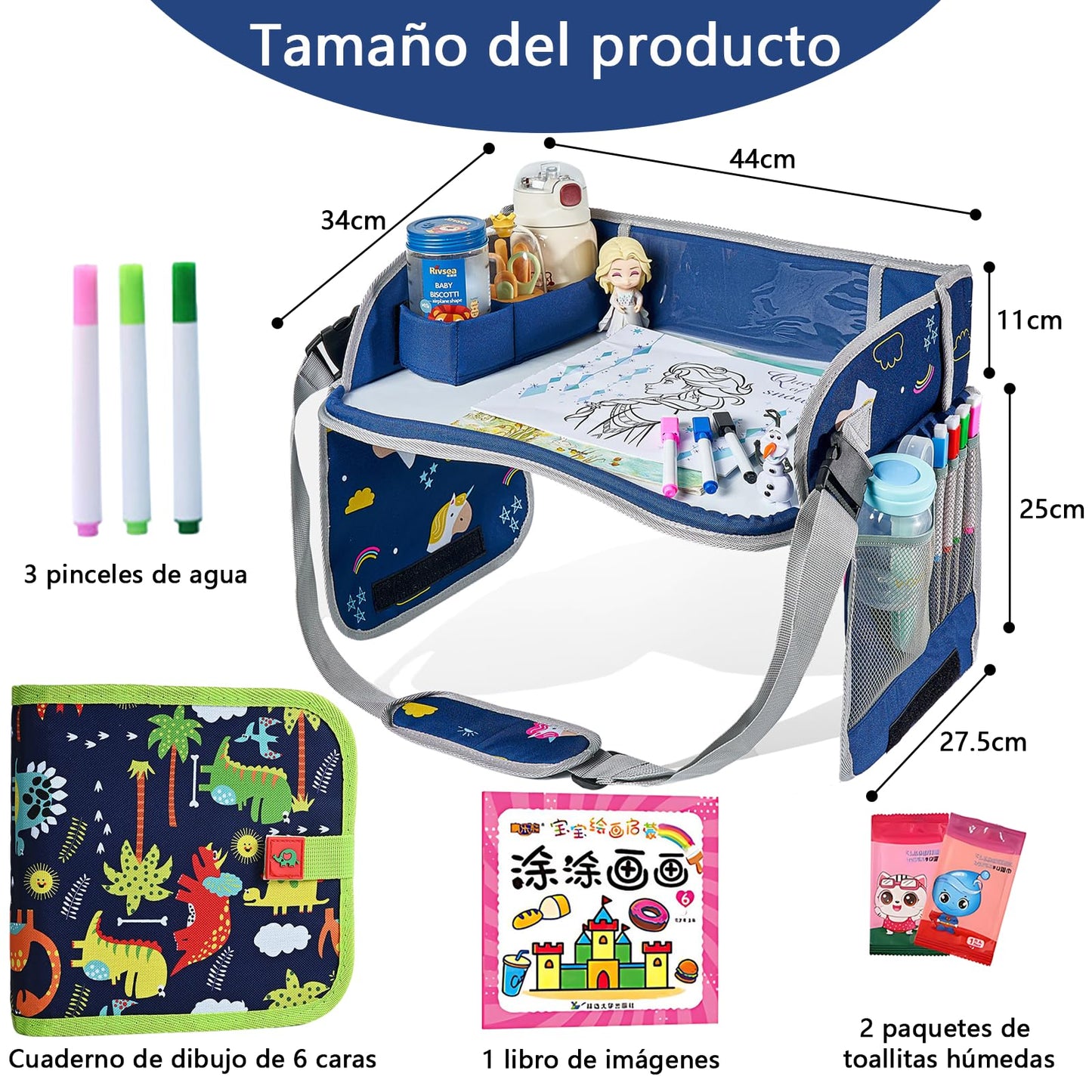 TDVCVZSD Mesa de actividades de viaje para niños,bandeja para asiento automóvil,con kit de pintura y bolsa almacenamiento,plegable y con almacenamiento,imprescindible para viajar automóviles y aviones (Pegaso + Dragón Azul)