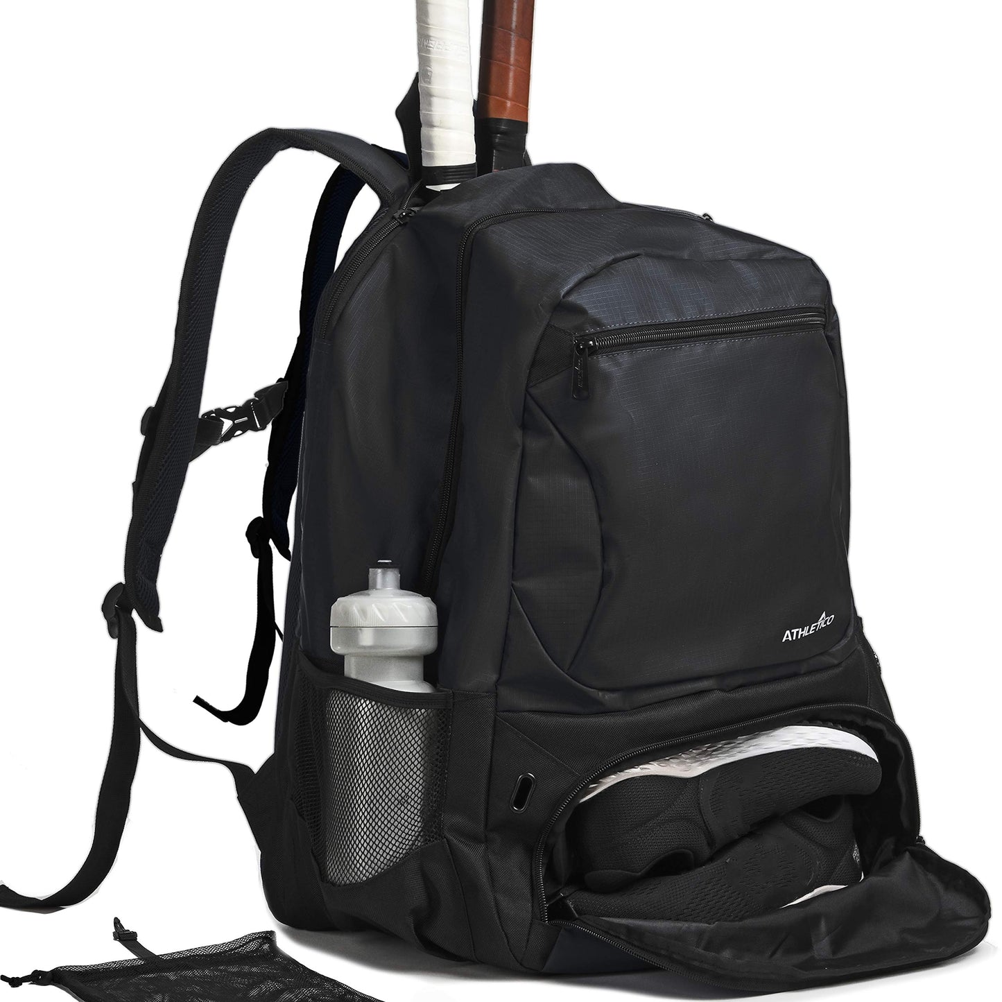 Athletico Premier - Mochila de tenis con compartimento acolchado para 2 raquetas, compartimento separado y ventilado para zapatos, bolsas de tenis para hombres o mujeres, Negro