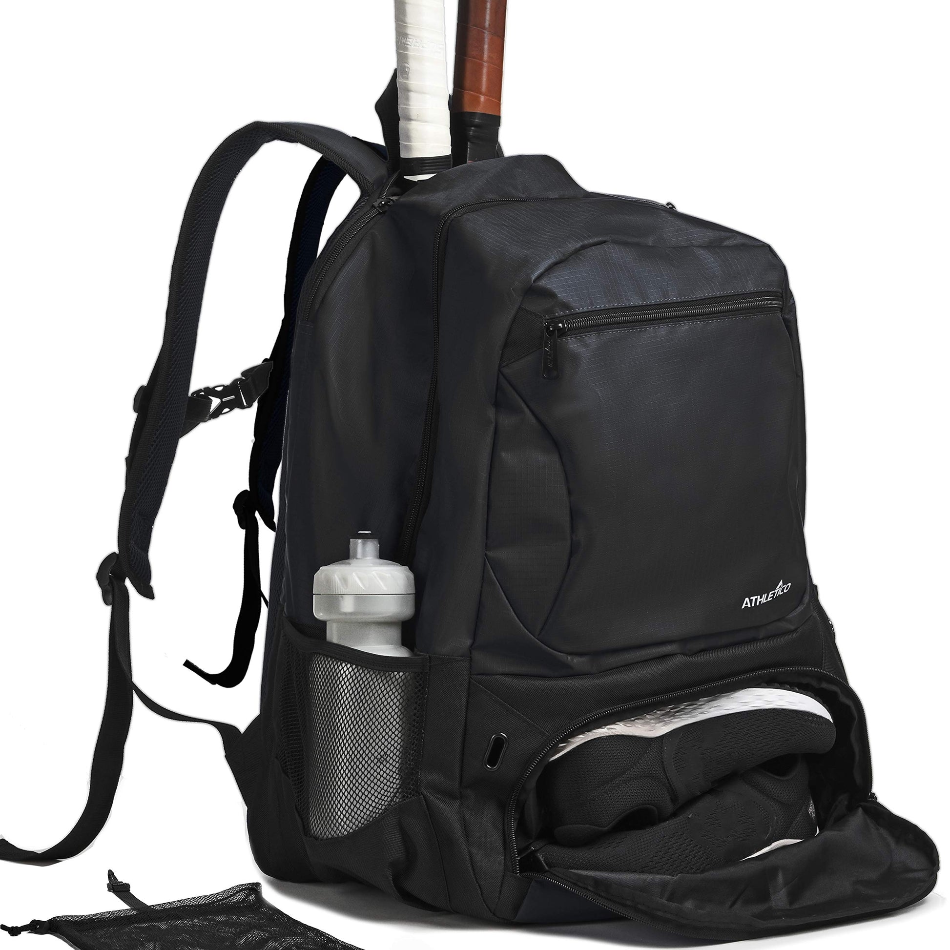 Athletico Premier - Mochila de tenis con compartimento acolchado para 2 raquetas, compartimento separado y ventilado para zapatos, bolsas de tenis para hombres o mujeres, Negro