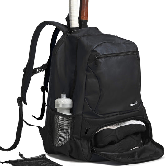Athletico Premier - Mochila de tenis con compartimento acolchado para 2 raquetas, compartimento separado y ventilado para zapatos, bolsas de tenis para hombres o mujeres, Negro