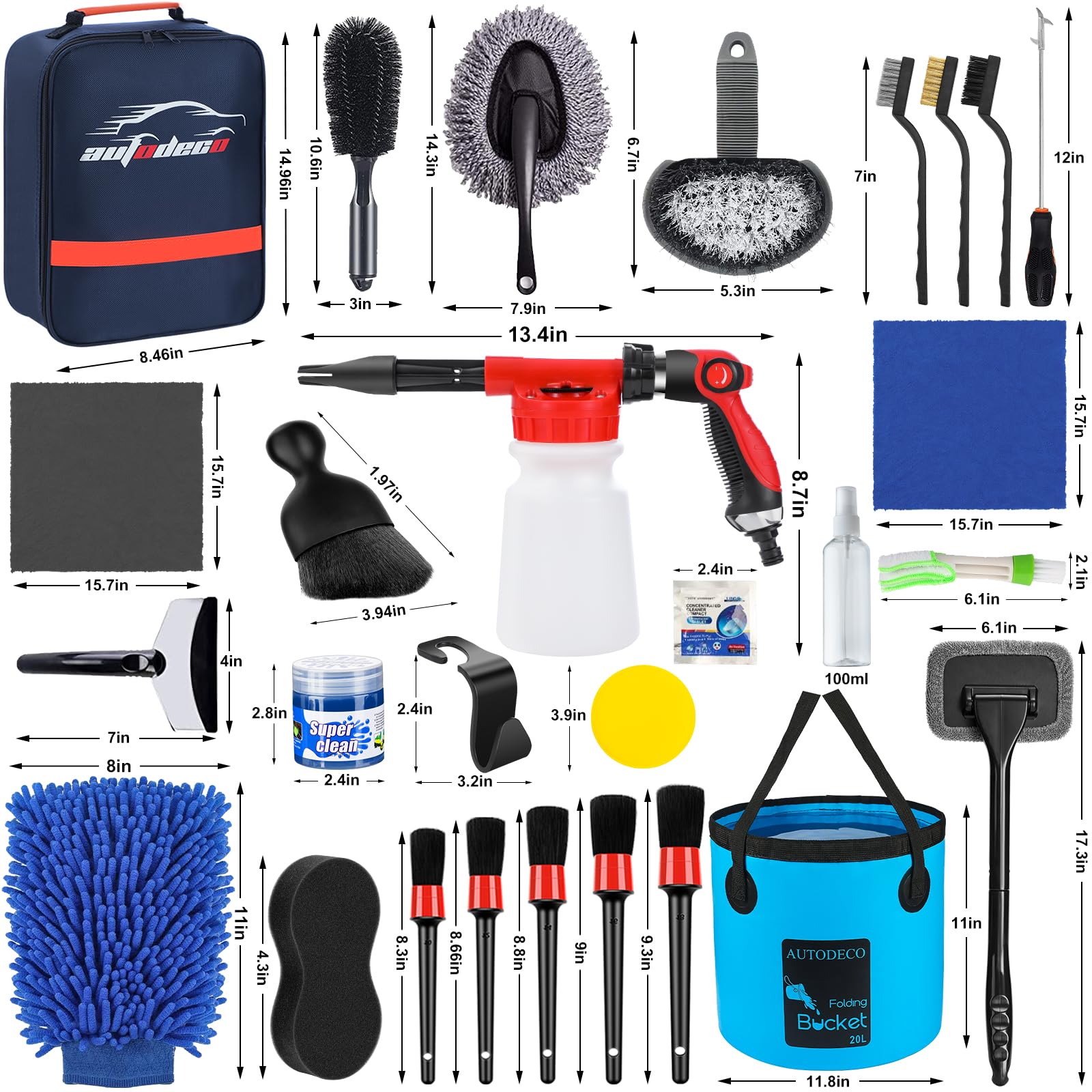 AUTODECO - Kit de limpieza de lavado de coche con pistola de espuma, bolsa de lona azul de 62 pulgadas, cepillo para polvo de lavado de parabrisas y herramienta de limpieza plegable, guante de lavado de esponja, juego completo para interiores y exteriores