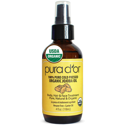 PURA D’OR Organic Jojoba Oil (4oz) USDA Certified - 100% Pure & Natural Moisturizer - Cold Pressed, Unrefined, Hexane Free Base Carrier Oil for DIY Skin Care, Hair, Face & Nails (Packaging may vary)