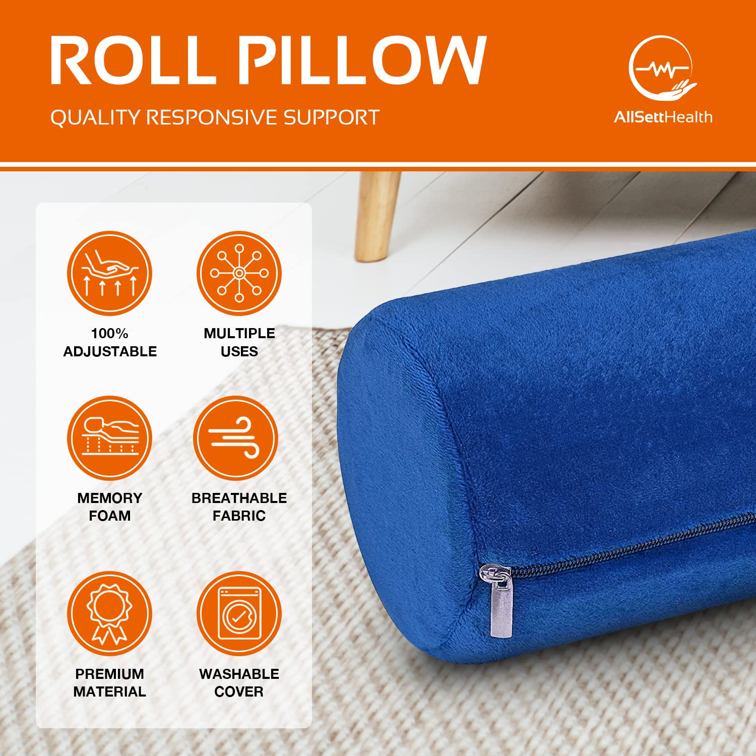 AllSett Health - Almohada de espuma viscoelástica para cuello cervical, almohada de cuello redondo, soporte para dormir, almohada para cama, piernas, espalda y yoga, funda azul