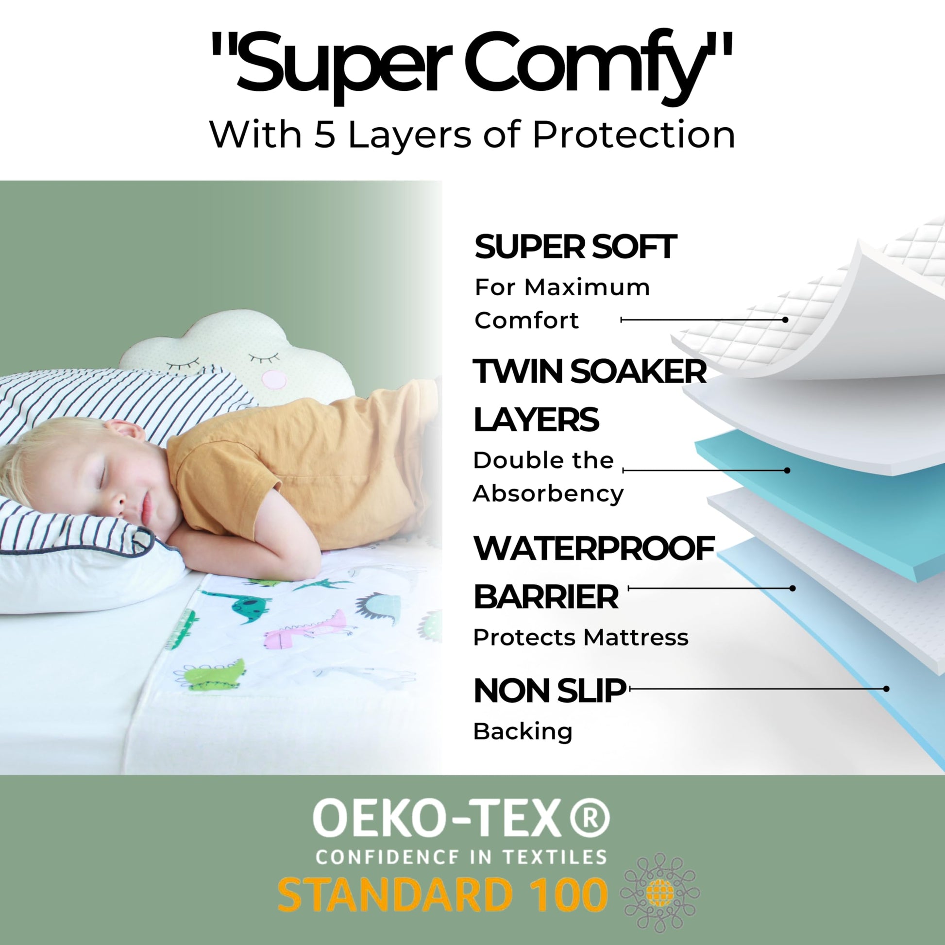 Hygge Supplies - Sábanas impermeables para entrenamiento de orejas, tamaño matrimonial/matrimonial, antideslizantes y fáciles de cambiar, incluye libro electrónico gratuito para niños, dinosaurio