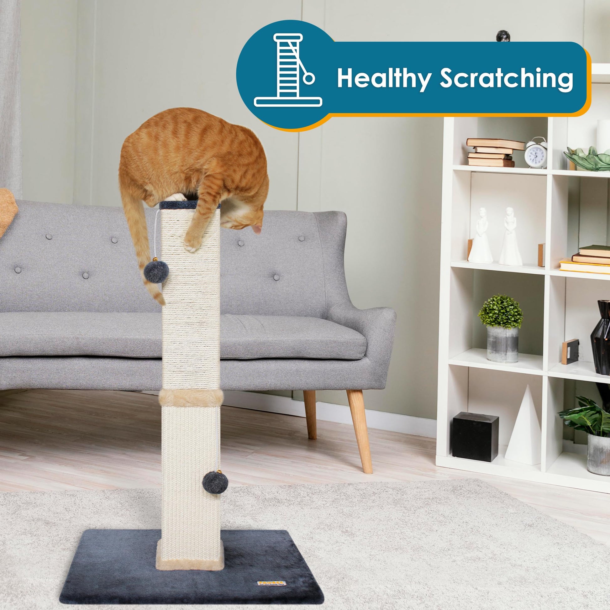 Torre Rascador para Gatos PAWBEE Beige de 32 Pulgadas con Campanas y Bolas de Felpa