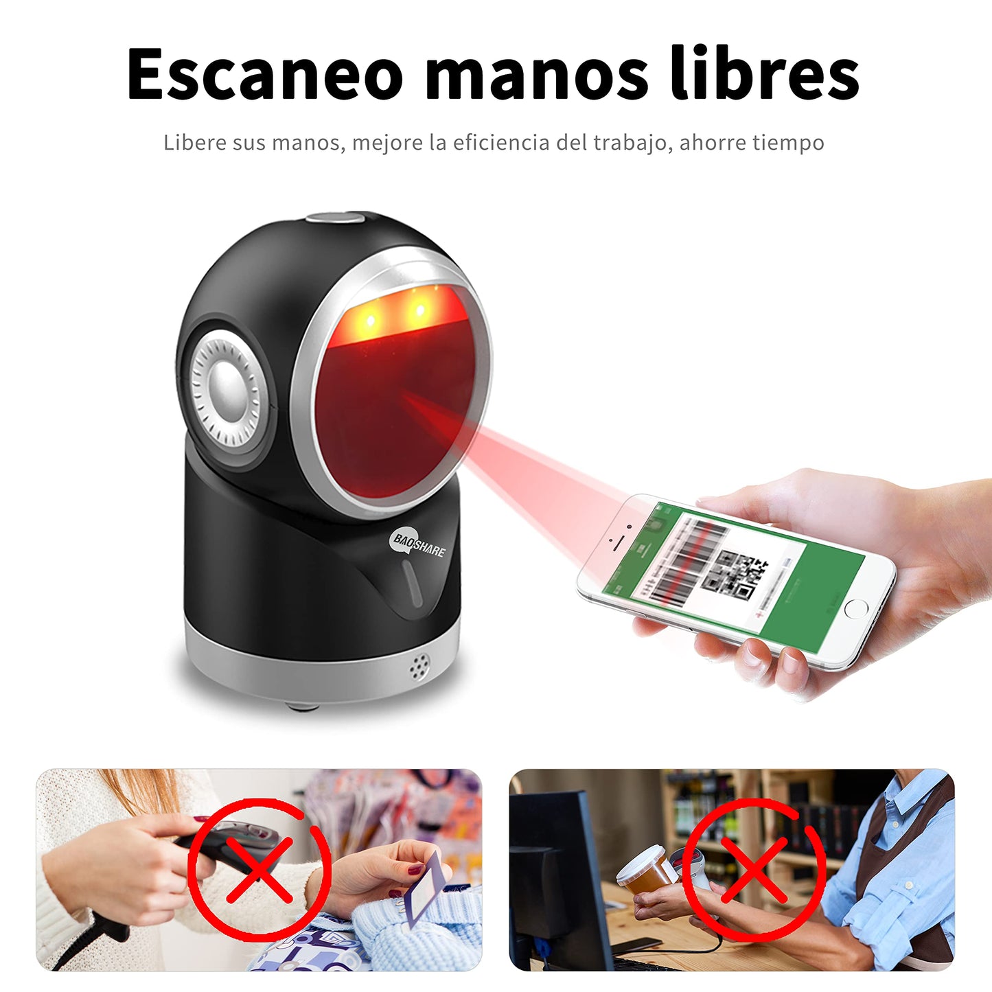BAOSHARE Escáner de código de Barras de Escritorio 1D 2D QR, Lector de código de Barras USB automático Manos Libres omnidireccional