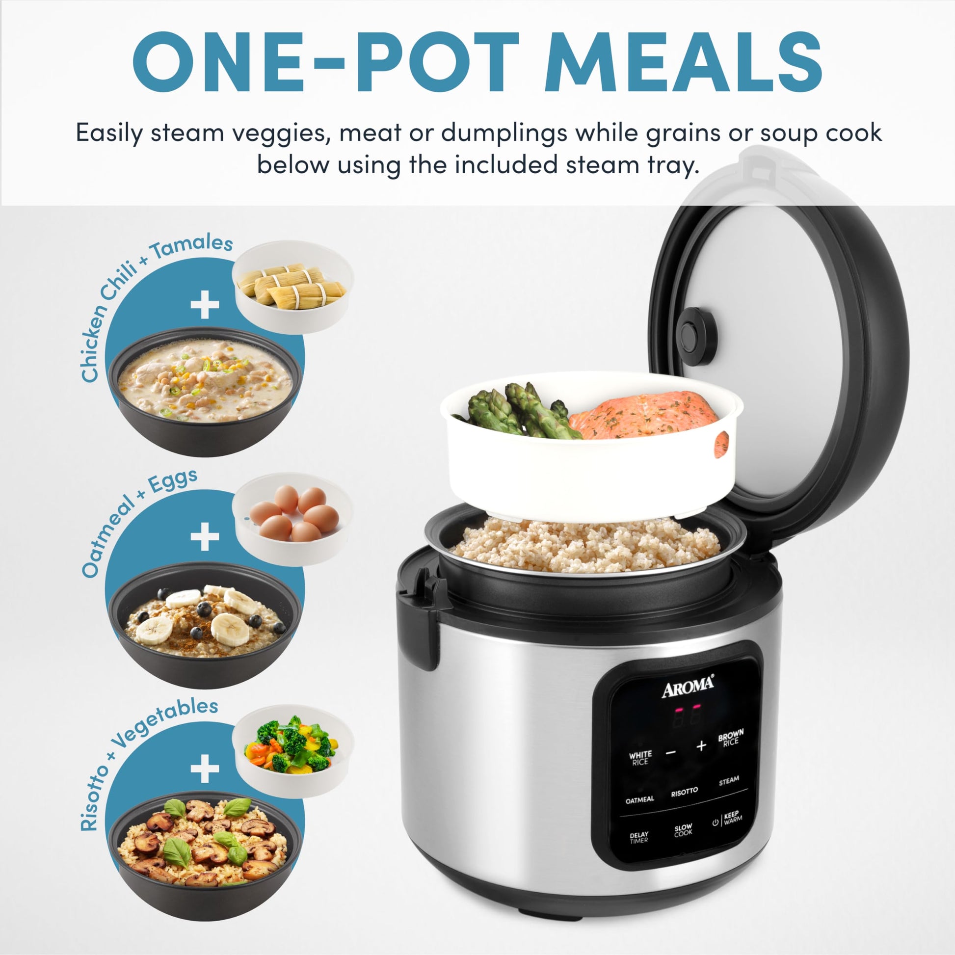 AROMA® - Arrocera digital, 4 tazas (sin cocinar) / 8 tazas (cocida), vaporizador, multicocina, olla de avena, mantiene caliente automáticamente, 2 cuartos de galón, exterior de acero inoxidable