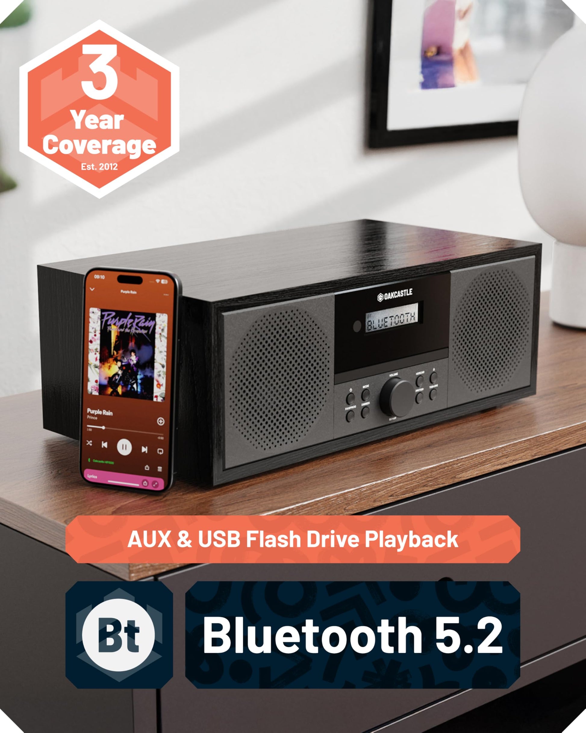 Sistema estéreo Bluetooth 5.2 para el hogar | Potente reproductor de CD de 60 W con altavoces estéreo integrados y control remoto | Reproducción USB y AUX | Radio FM, 30 preconfiguraciones