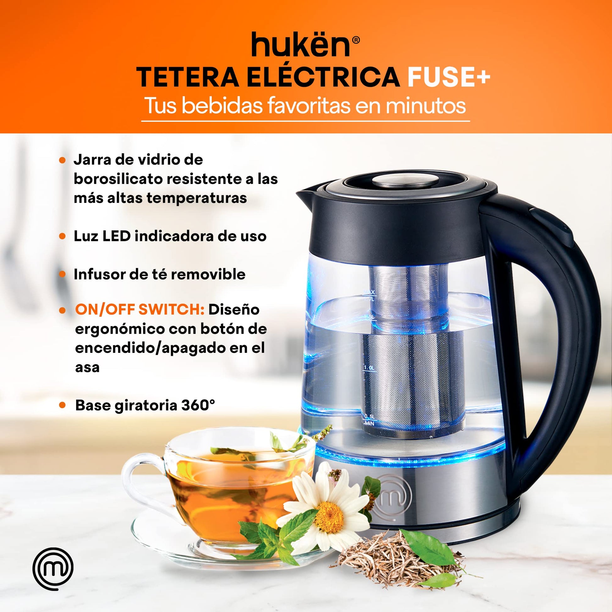 Hamilton Beach 31401 Horno Tostador Eléctrico de 4 Rebanadas (12 Litros), Acero Inoxidable + MASTERCHEF by Hukën | Tetera Eléctrica con Infusor Removible | Tetera de Acero