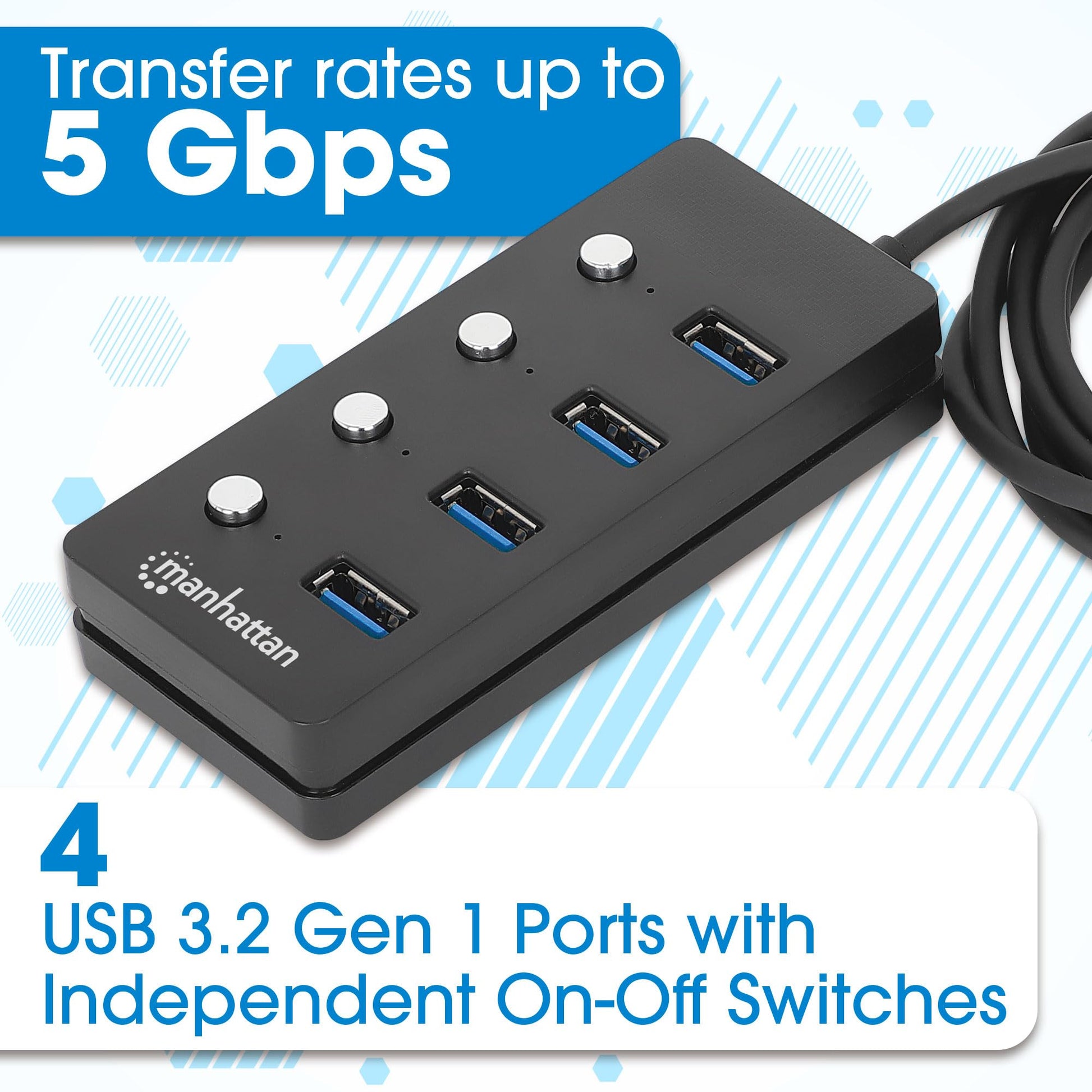 Manhattan Hub USB 180887 de 4 Puertos USB 3.2 con Interruptores de Encendido y Apagado por Puerto, SuperVelocidad de 5 Gbps, Cable Integrado de 1.5 m, Alimentación por Bus o CA, Negro