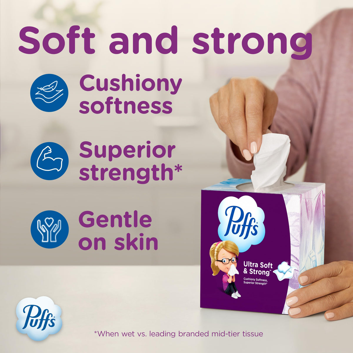 Puffs Pañuelos faciales ultra suaves y fuertes, 124 unidades