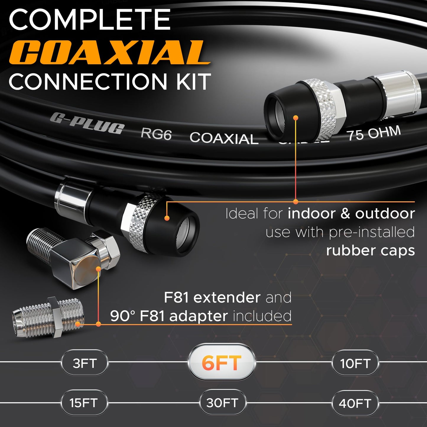 G-PLUG Cable Coaxial RG6 75 Ohm, Triple Blindaje, Impermeable, Conectores F Tipo Macho a Macho, Cable Antena TV, Satelital e Internet Banda Ancha, Incluye Acoplador F81, Negro