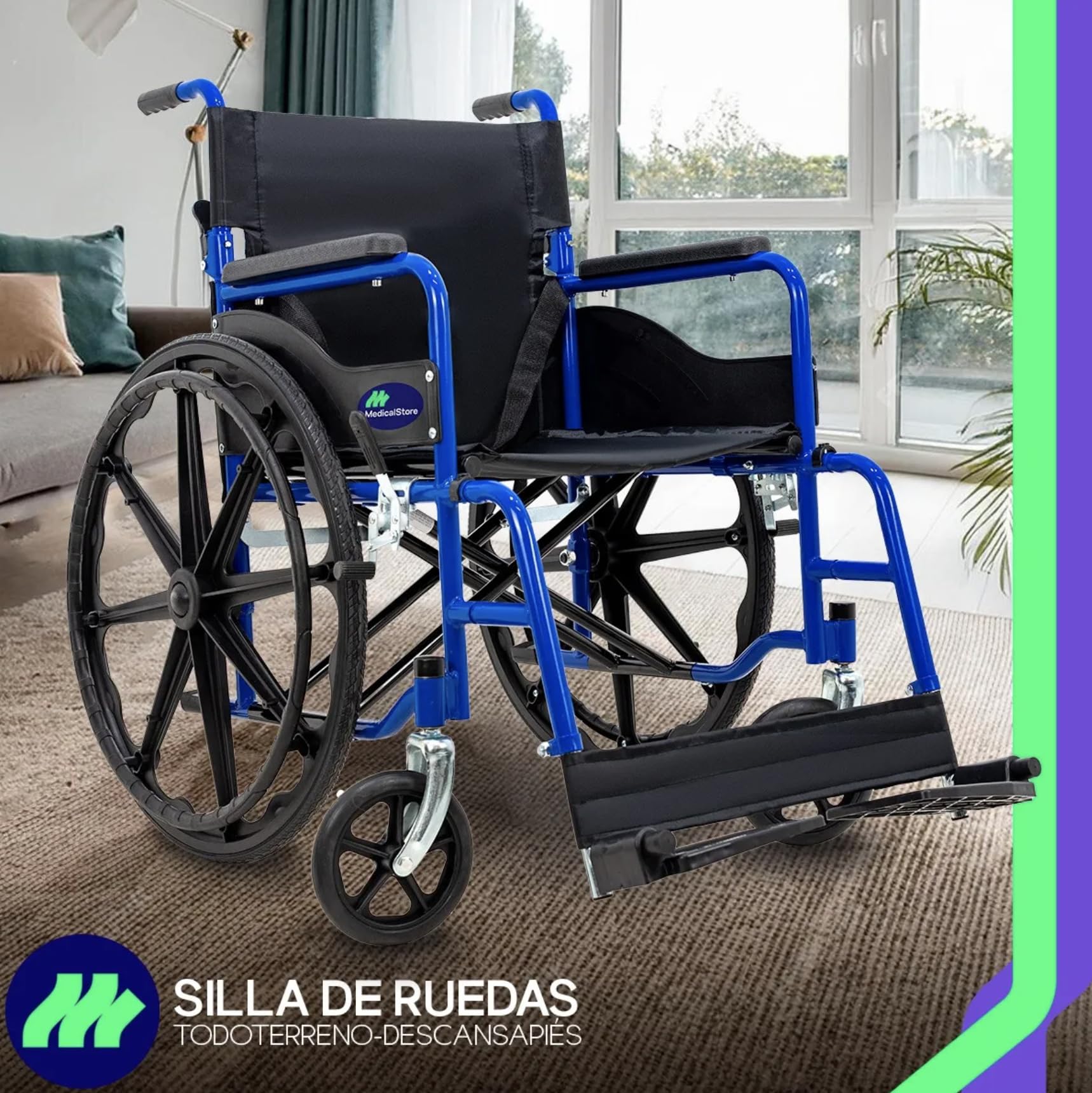 Silla de Ruedas Medical Store Azul Ligera Todo Terreno Plegable para Adulto Mayor