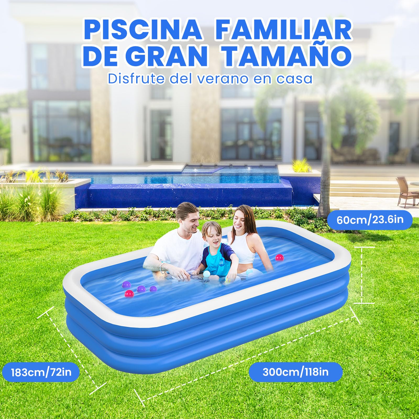 JNNQI Piscina Inflable Familiar 305x183x60 CM, Alberca Inflable Familiares Triple Grande Rectangular con Bolsa de Almacenamiento, Jardín, Fiesta Acuática de Verano, Piscina Inflable al Aire Libre