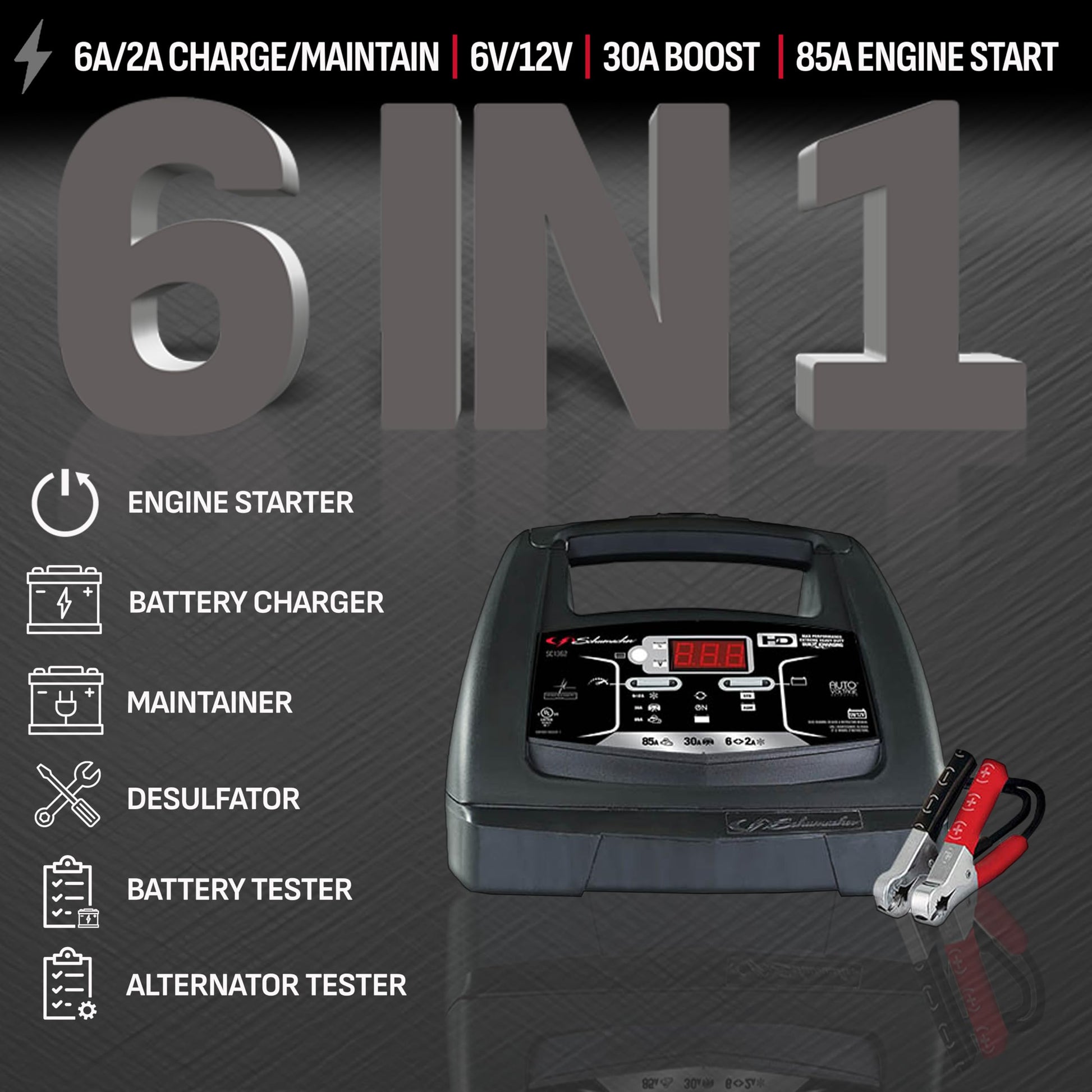 Schumacher - SC1362 - Cargador batería totalmente automático, motor arranque, mantenedor, pruebas de diagnóstico avanzadas, 85 A/30 A, 6 V/12 V, coches, camiones, SUV, vehículos marinos, casa rodante
