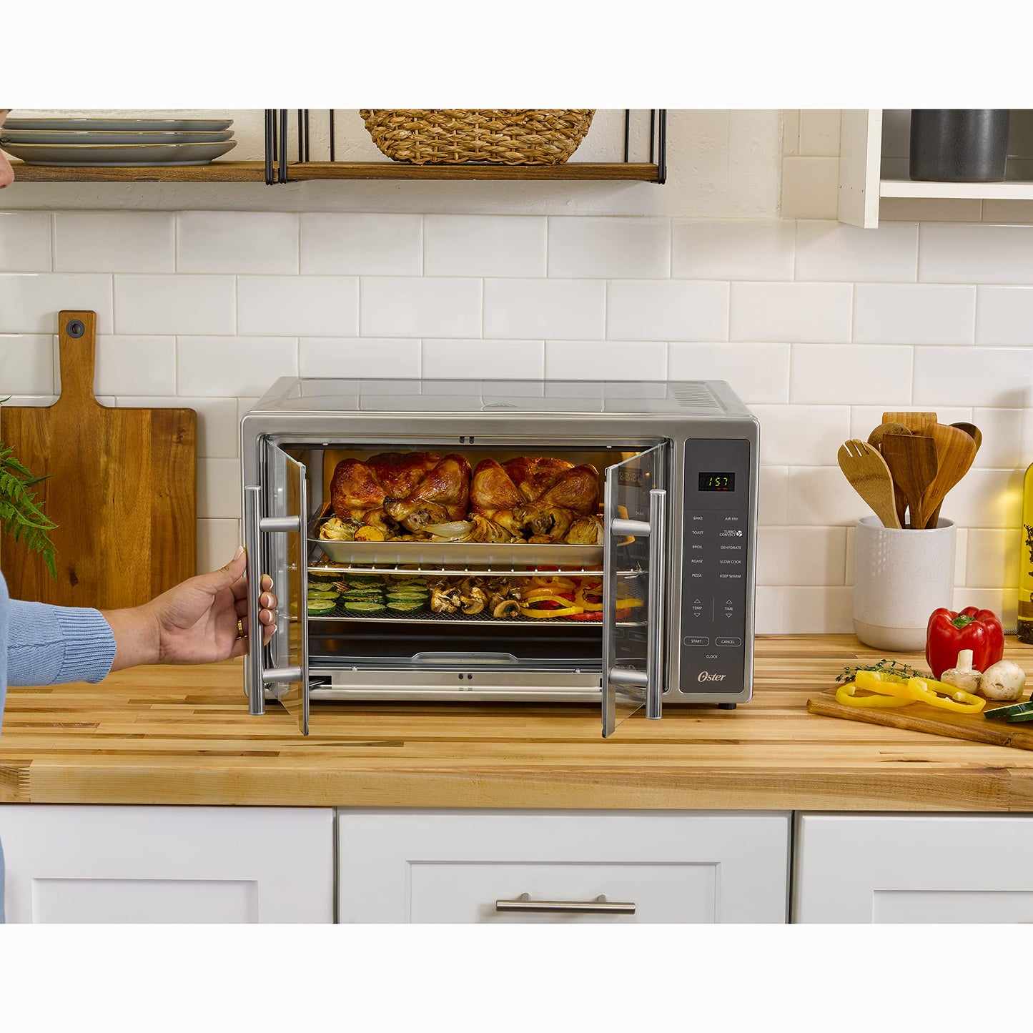 Oster Air Freidora Horno 10 en 1 tostador de encimera lo suficientemente grande para 2 pizzas puertas francesas de acero inoxidable, tamaño XL