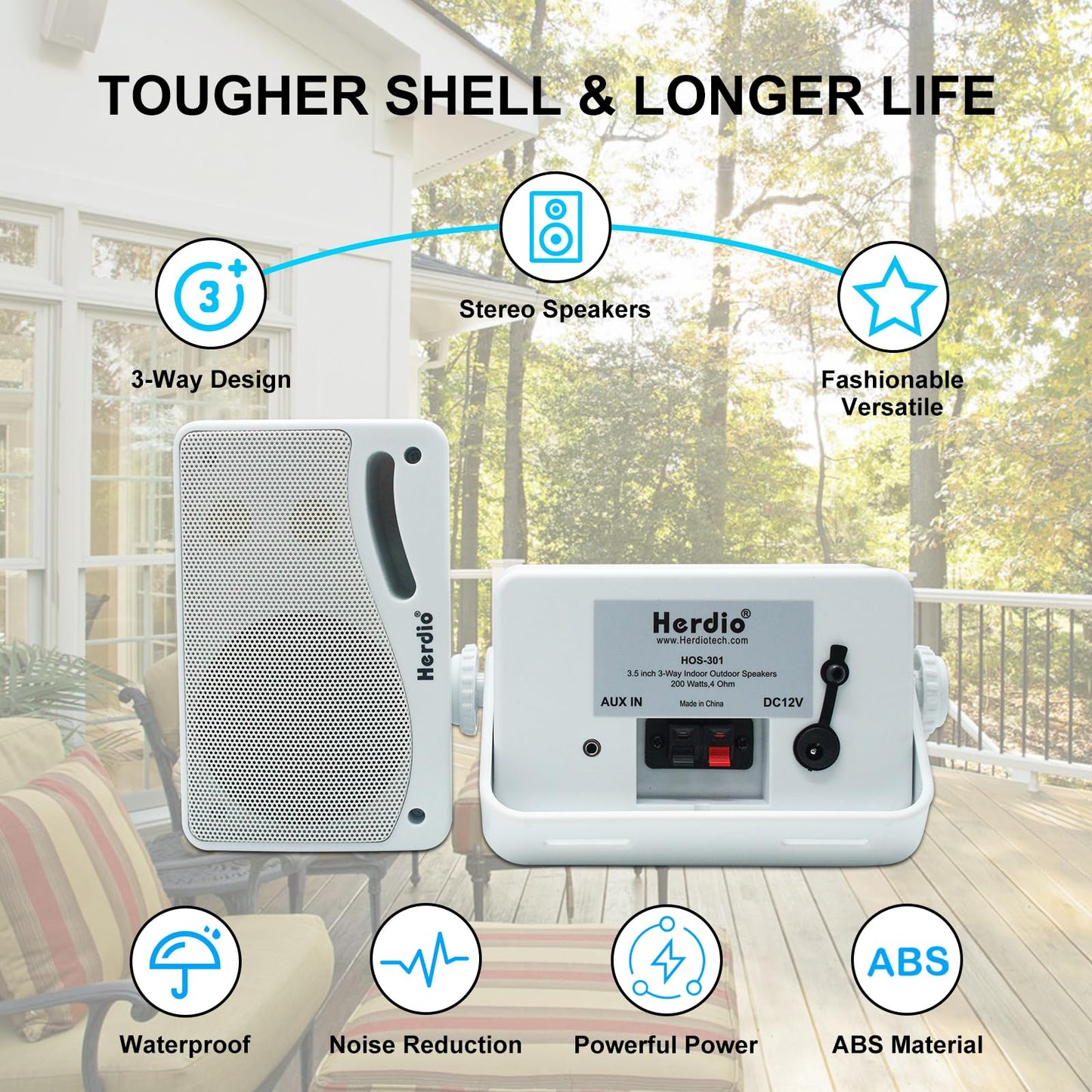 Herdio 3.5 Pulgadas Bluetooth Bocinas para Exterior, 200W Altavoces para Exteriores, Resistente al Agua, Adecuado para el hogar, Patio, Terraza,Patio Trasero (2 Altavoces,Blanco)
