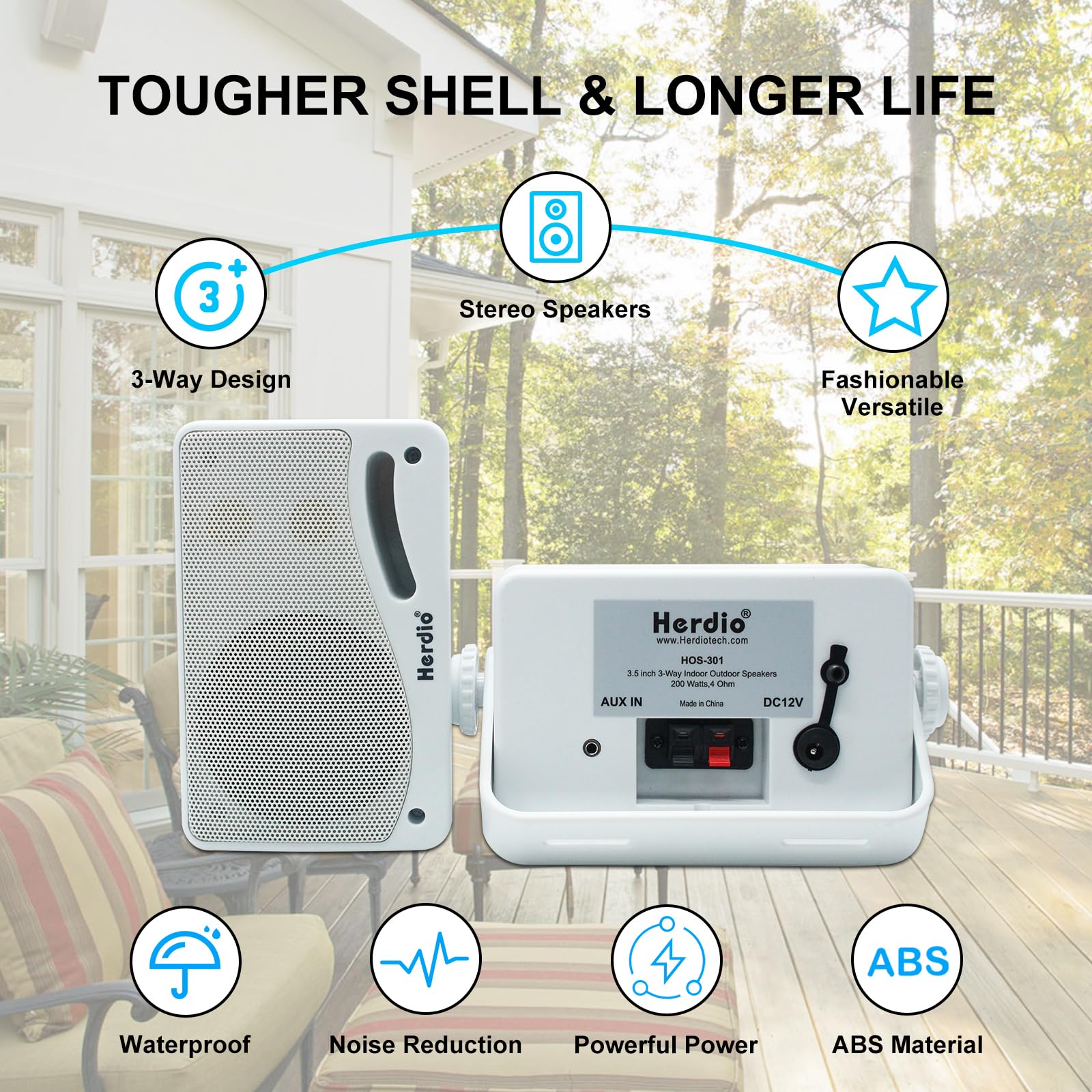 Herdio 3.5 Pulgadas Bluetooth Bocinas para Exterior, 200W Altavoces para Exteriores, Resistente al Agua, Adecuado para el hogar, Patio, Terraza,Patio Trasero (2 Altavoces,Blanco)