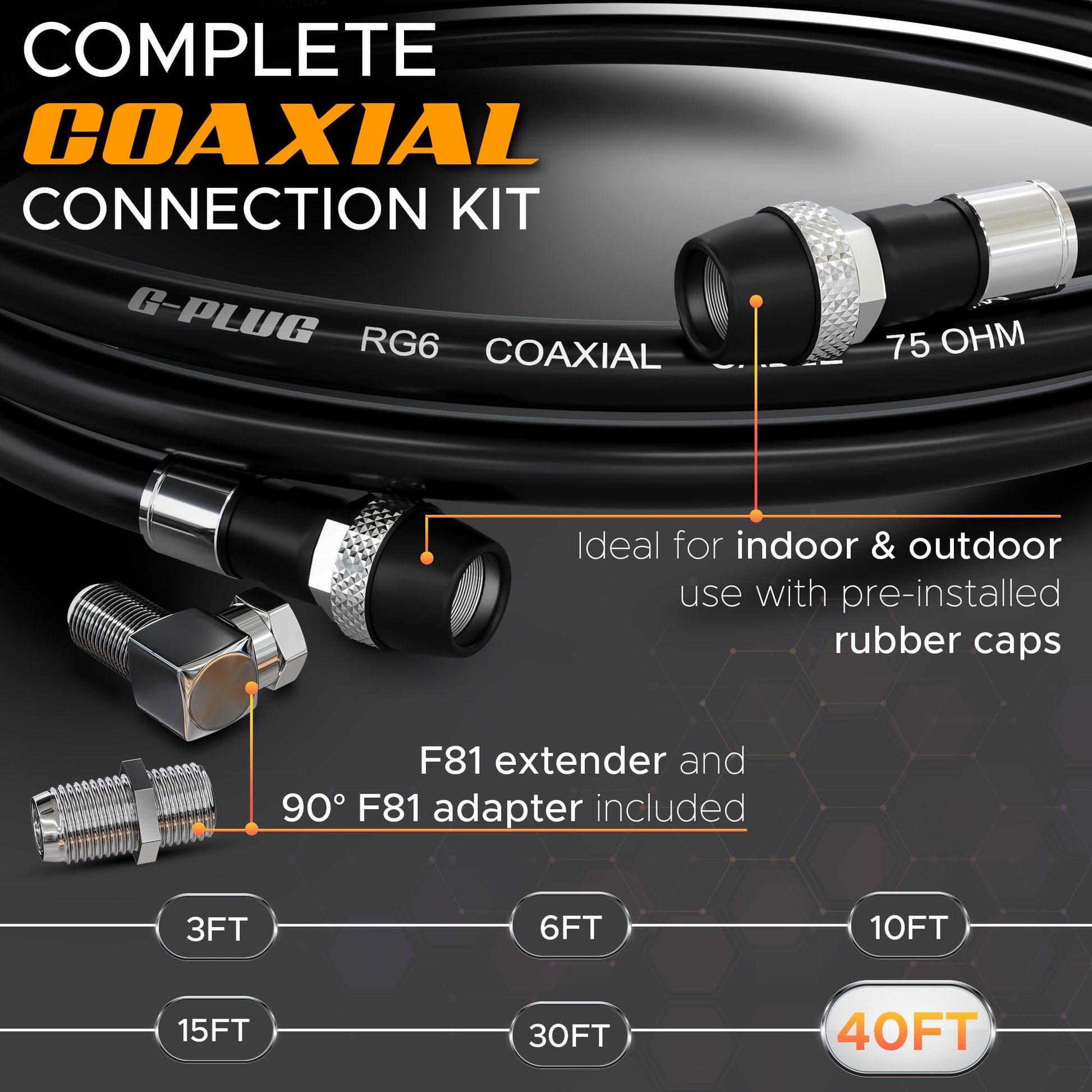 G-PLUG Cable Coaxial RG6 75 Ohm, Triple Blindaje, Impermeable, Conectores F Tipo Macho a Macho, Cable Antena TV, Satelital e Internet Banda Ancha, Incluye Acoplador F81, Negro