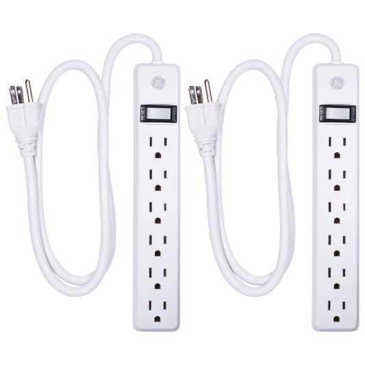GE Paquete de 2 Protectores contra sobretensiones 6 Salidas, Cable de extensión de 3 pies, 450 Julios, Interruptor de Encendido/Apagado, disyuntor Integrado, garantía, listado UL, Blanco, 14709