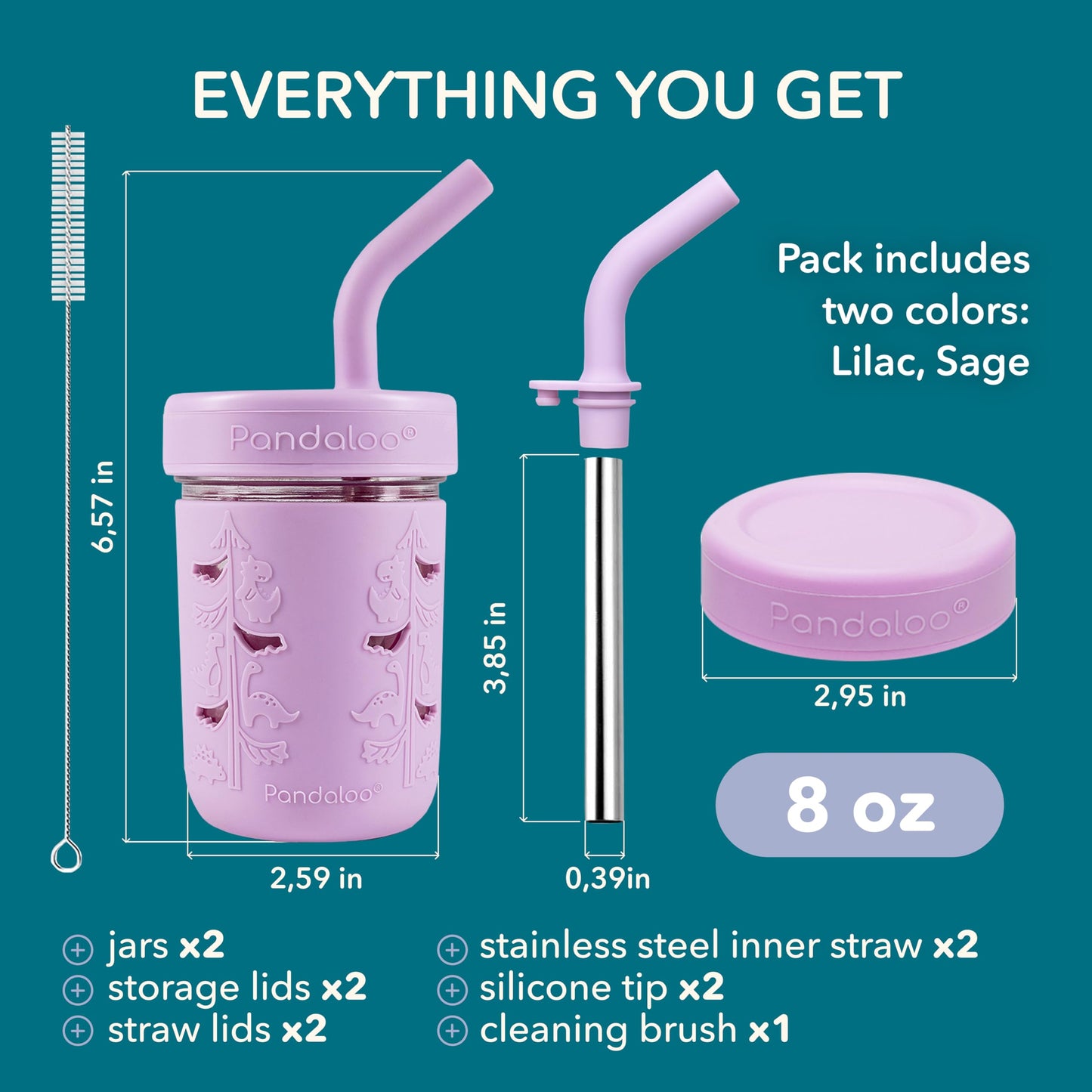 Pandaloo Mason Jar Vaso para Niños Pequeños | Vasos de Vidrio de 8 oz con Funda y Tapas de Silicona | Vasos de Batidos y Aperitivos Resistentes a Derrames para Niños | Sin BPA | Pajita Interior de