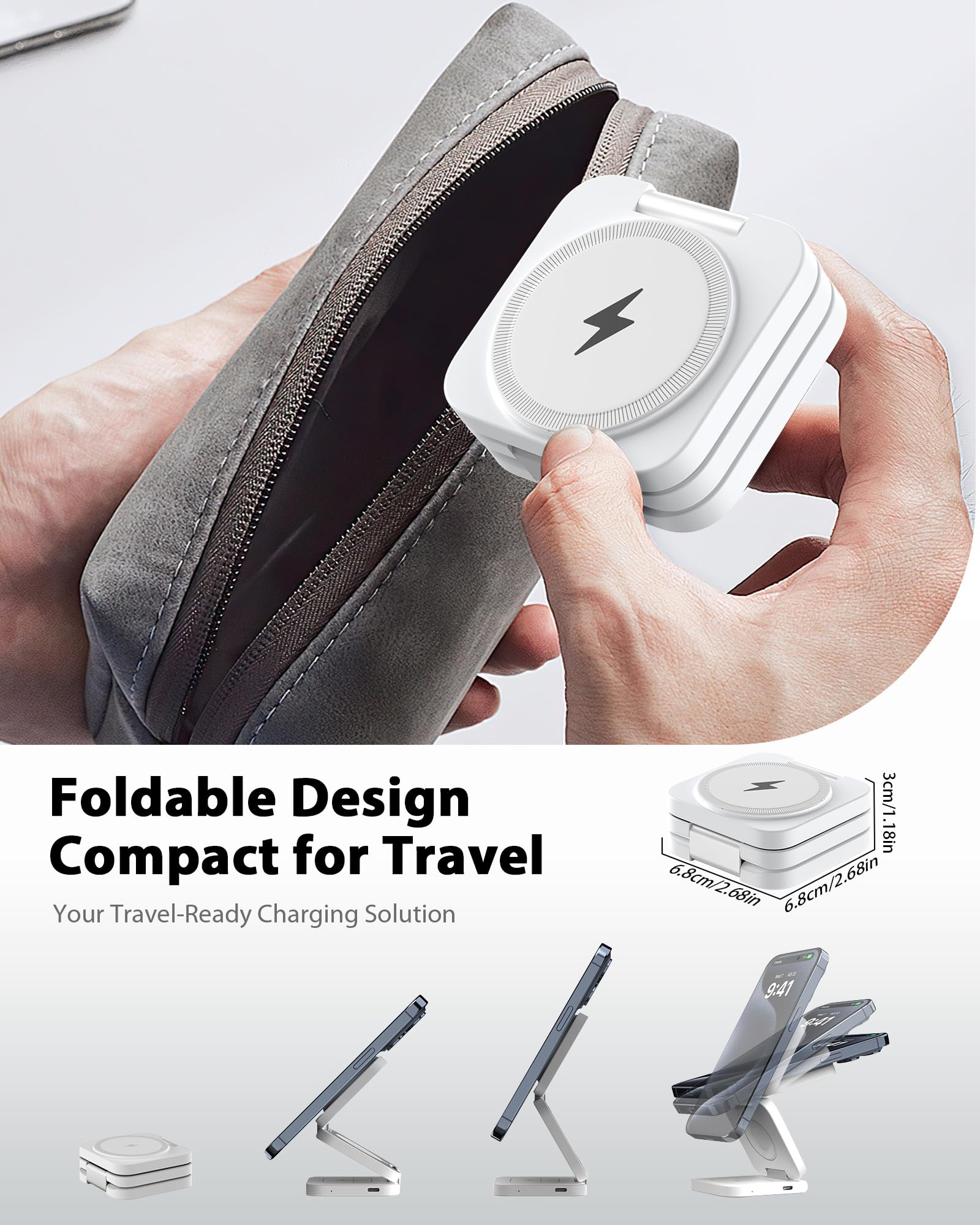 Estación de carga plegable 3 en 1 para dispositivos Apple, cargador inalámbrico magnético rápido KU XIU X55 de 15 W, soporte magnético para cargador de viaje para iPhone 16, 15, 14, 13, 12, 5 W, para