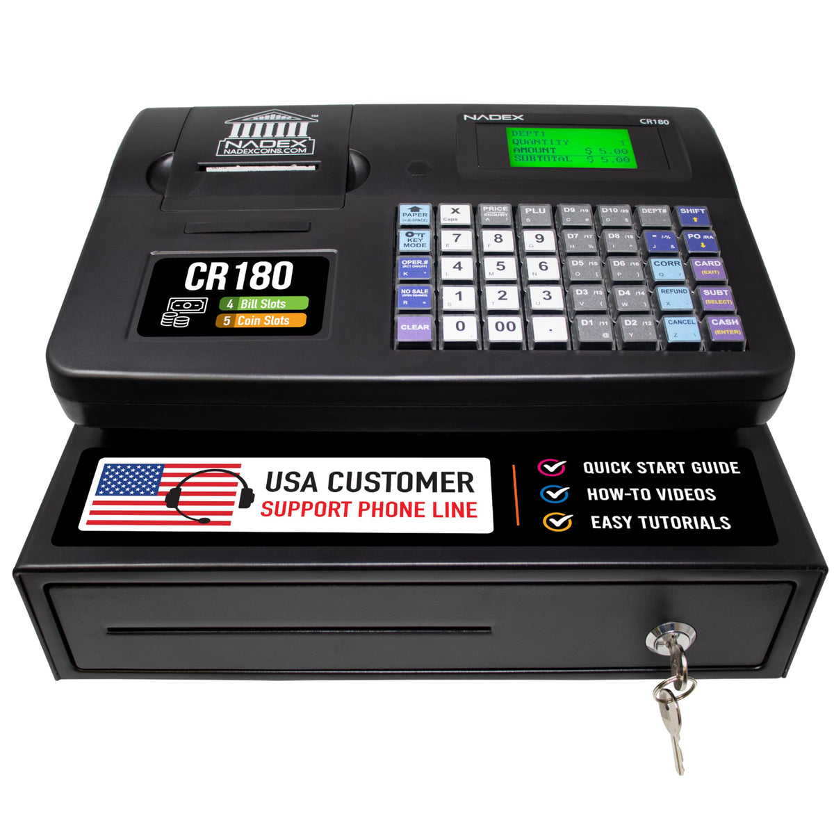 Caja Registradora Electrónica Nadex CR180 Negro con Cajón de Efectivo de Acero y Diseño Compacto