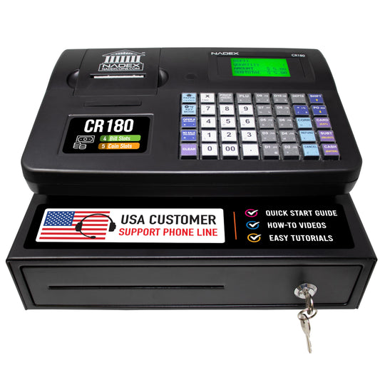 Caja Registradora Electrónica Nadex CR180 Negro con Cajón de Efectivo de Acero y Diseño Compacto