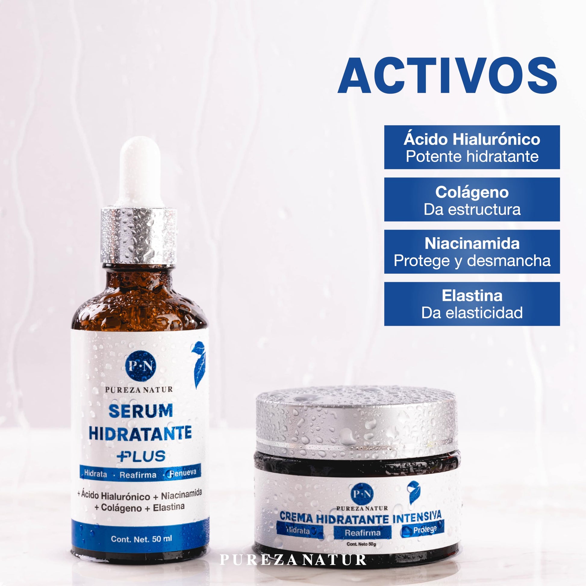 PUREZA NATUR Pack Hidratante intensivo serum Ácido hialurónico facial hidratante PLUS + Crema de hidratación intensiva | Paquete completo suero + crema para el cuidado de la piel, hidratación y rejuvenecimiento (Pack Hidratante intensivo)