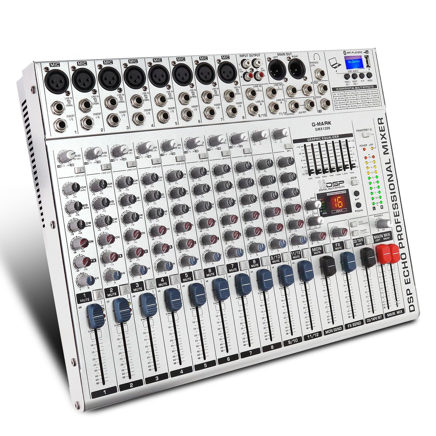 G-MARK GMX1200 Mezcladora de Audio 12 Canales 16 DSP Efectos Consola de Audio USB Interfaz Bluetooth DJ Mixer con Alimentación Phantom 48V Consola De Sonido para Computadora Grabación Broadcast