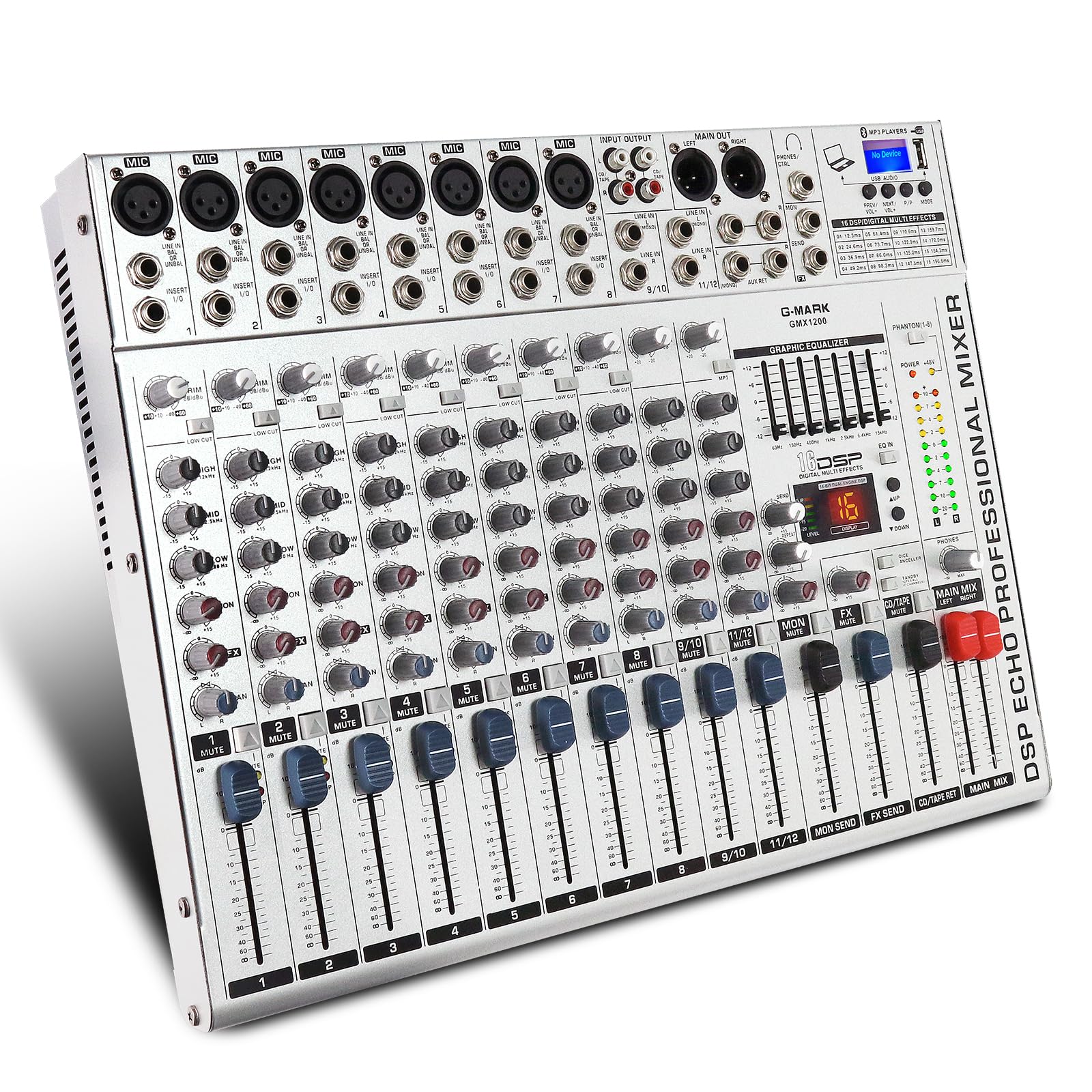 G-MARK GMX1200 Mezcladora de Audio 12 Canales 16 DSP Efectos Consola de Audio USB Interfaz Bluetooth DJ Mixer con Alimentación Phantom 48V Consola De Sonido para Computadora Grabación Broadcast