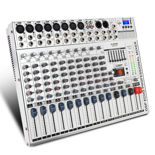 G-MARK GMX1200 Mezcladora de Audio 12 Canales 16 DSP Efectos Consola de Audio USB Interfaz Bluetooth DJ Mixer con Alimentación Phantom 48V Consola De Sonido para Computadora Grabación Broadcast
