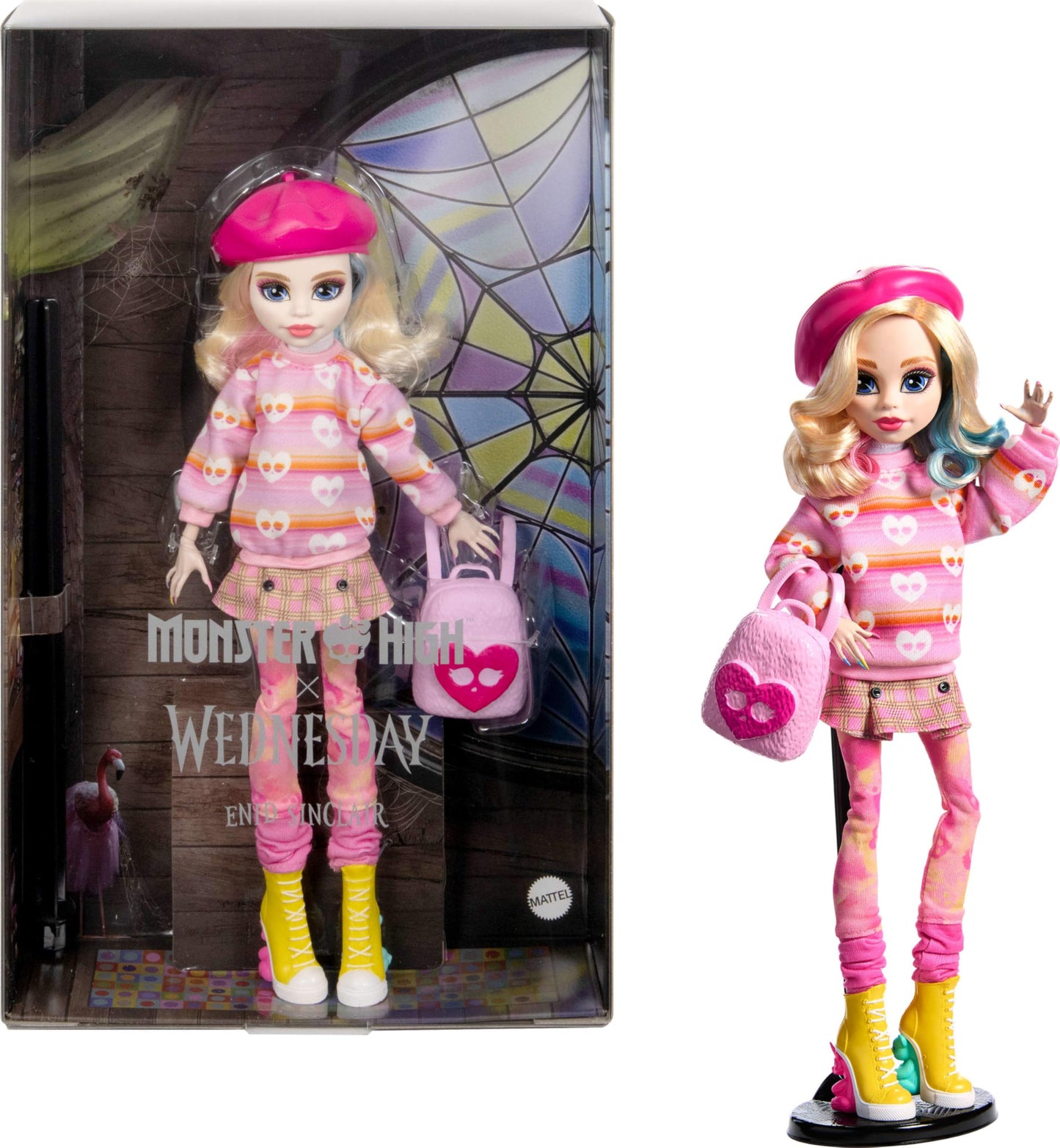 Muñeca Monster High Wednesday en Rosa con Boina y Mochila, Enid Sinclair Coleccionable con Soporte