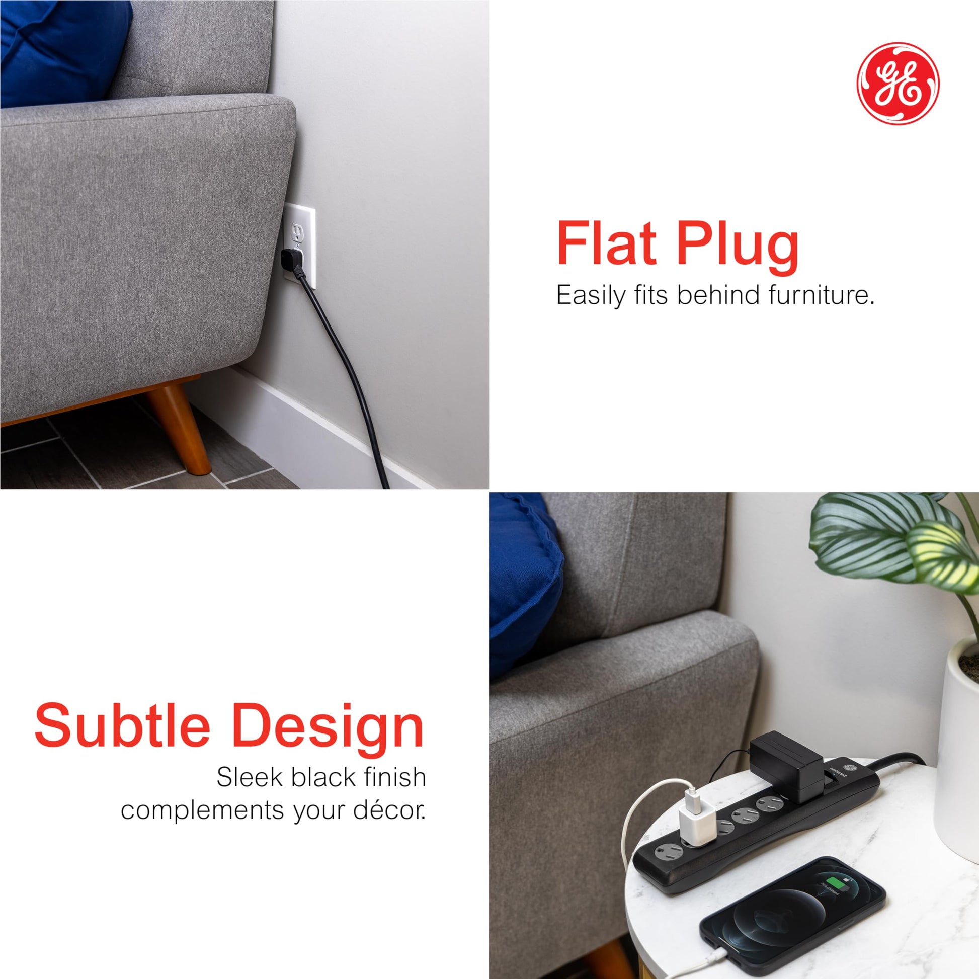 GE Tira Multicontactos De 6 Salidas con Supresor De Picos Y Enchufe Plano, Protector de Sobretensión, Cable De Extensión De 1.8 Metros (6 Pies), 800 Julios, Negro, 1 Unidad, 33661