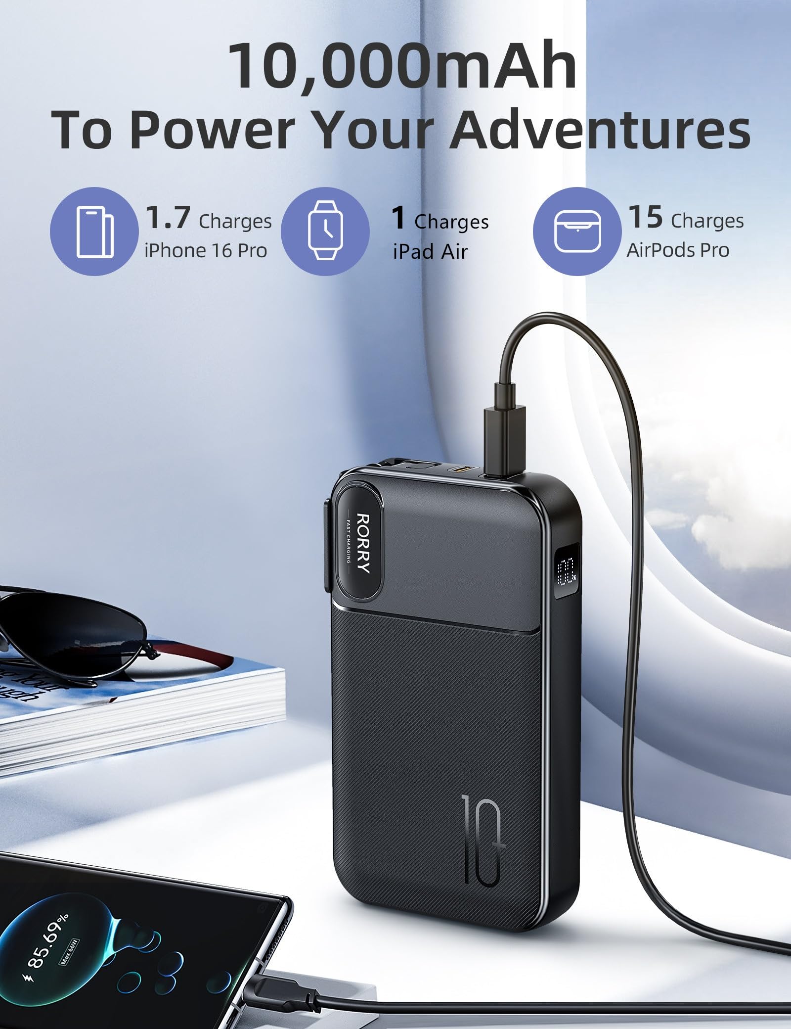 Batería Portátil RORRY Negro 10000 mAh con Enchufe Plegable y Cables Integrados