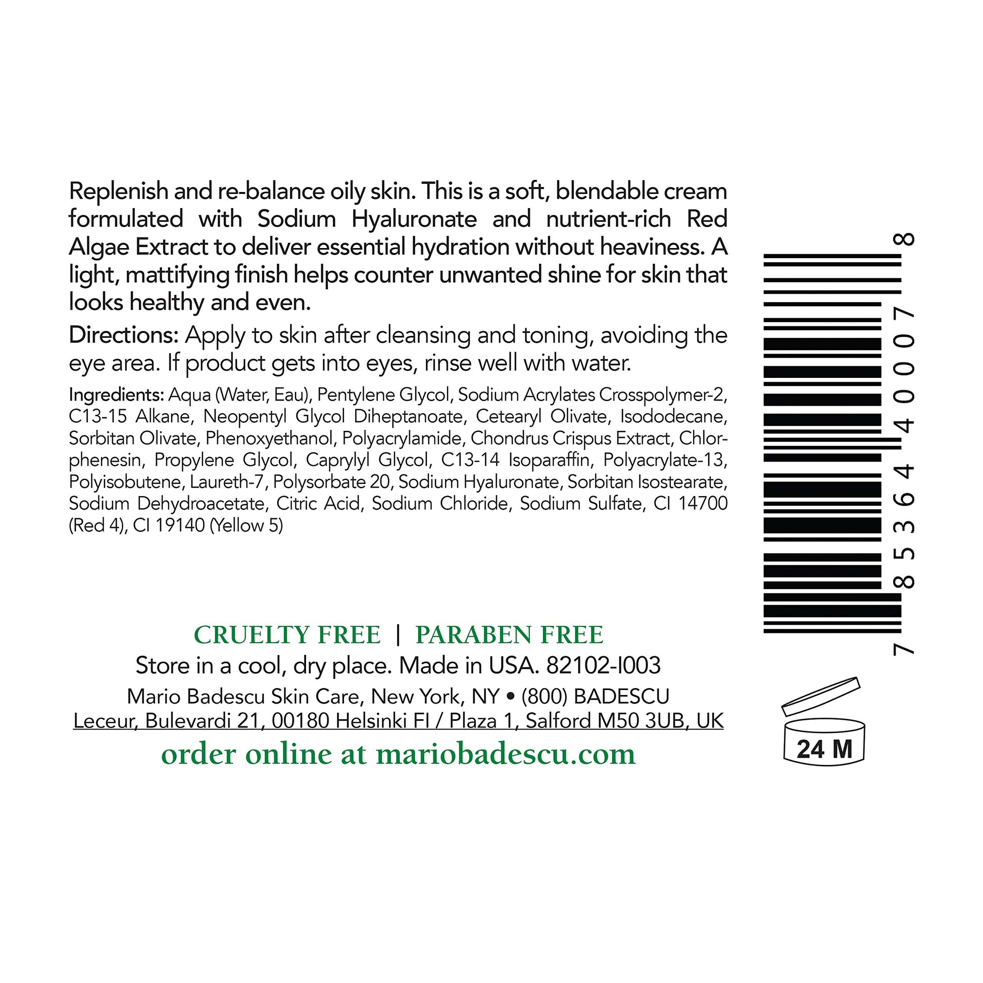 Mario Badescu Control hidratante facial para mujeres y hombres con acabado mate, hidratante facial ideal para pieles grasas o sensibles, crema facial hidratante ligera y no grasa, 59 ml