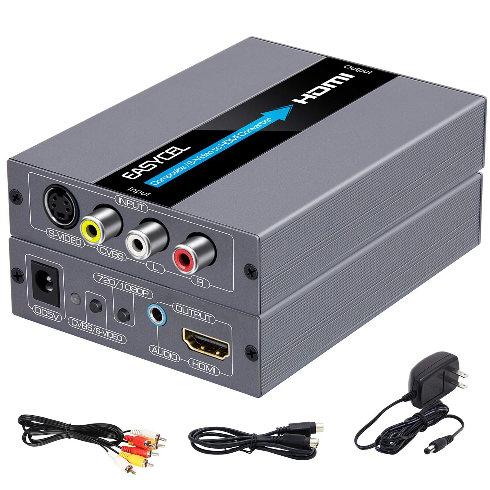 EASYCEL Convertidor RCA Svideo a HDMI, RCA compuesto CVBS AV o Svideo + entrada de audio R/L a salida HDMI, compatible con interruptor de salida 720P/1080P para N64, PS2, Wii, DVD