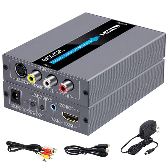 EASYCEL Convertidor RCA Svideo a HDMI, RCA compuesto CVBS AV o Svideo + entrada de audio R/L a salida HDMI, compatible con interruptor de salida 720P/1080P para N64, PS2, Wii, DVD