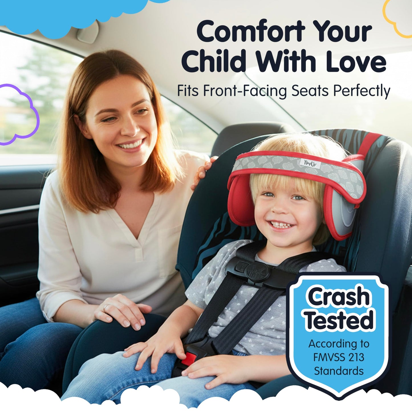 NAPUP Soporte para cabeza de niño para asientos de coche – Solución segura y cómoda de apoyo de almohada para cabeza y cuello para asientos delanteros de coche y refuerzos de respaldo alto – Accesorios de viaje para bebés y niños (roja)