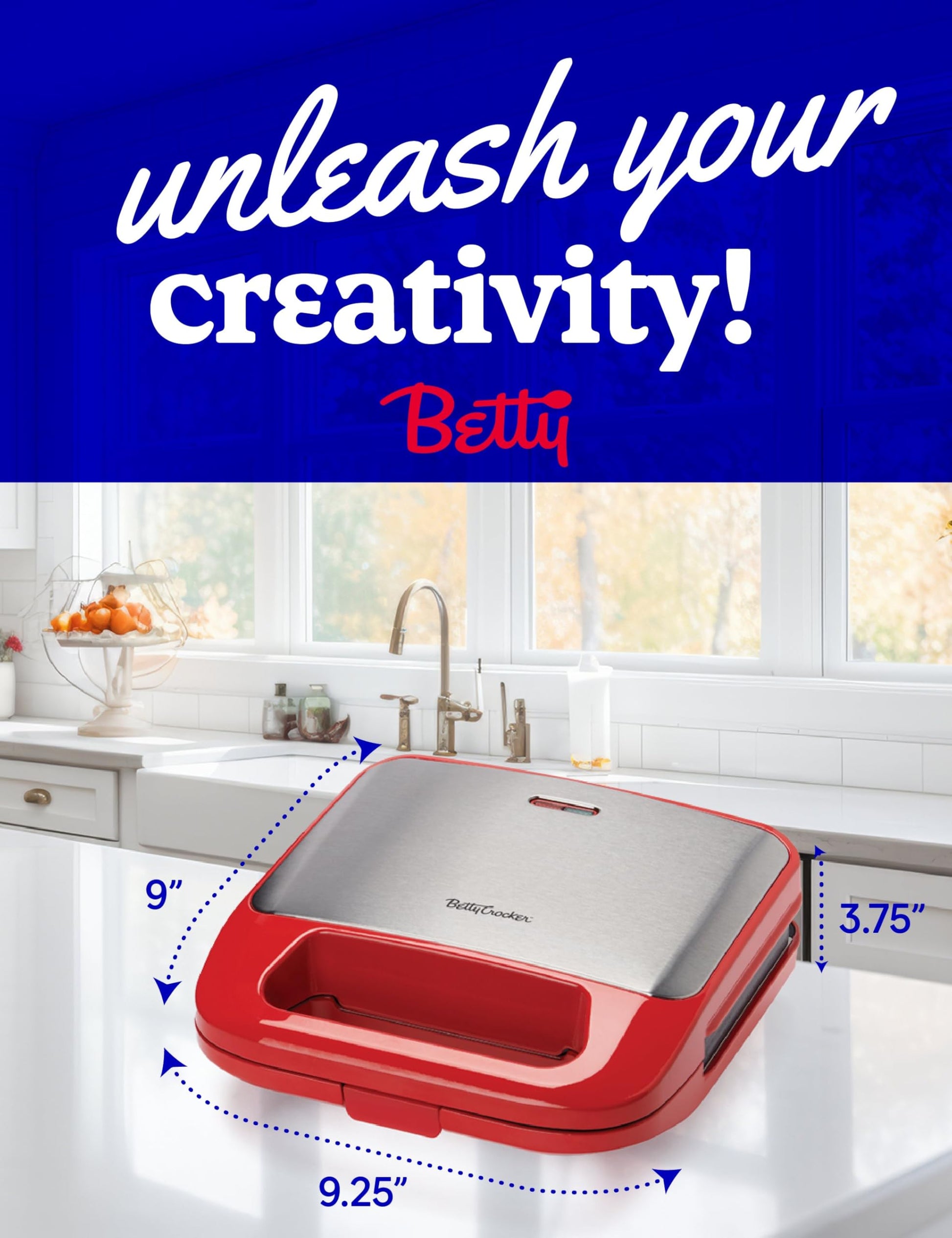 Betty Crocker 3 en 1 parrilla de interior, sándwich/Panini Press & Waffle Maker Plus, parrilla eléctrica interior con placas antiadherentes intercambiables, 750 vatios, BC-4965R, rojo
