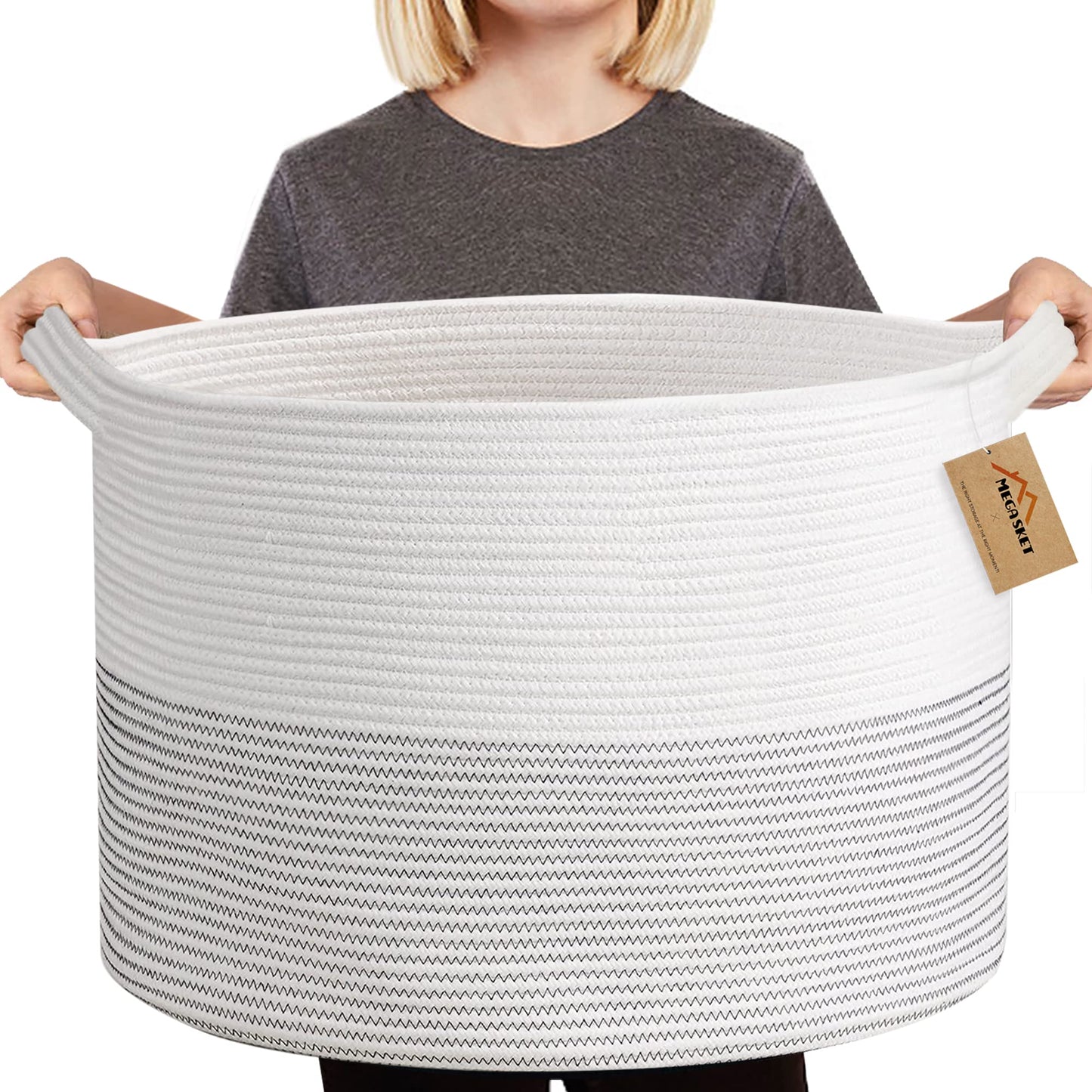 MEGASKET XXXL Cesta grande de cuerda de algodón para mantas para sala de estar, cestas de almacenamiento tejidas para organizar, cestas de juguetes para guardería para niños, organizador de