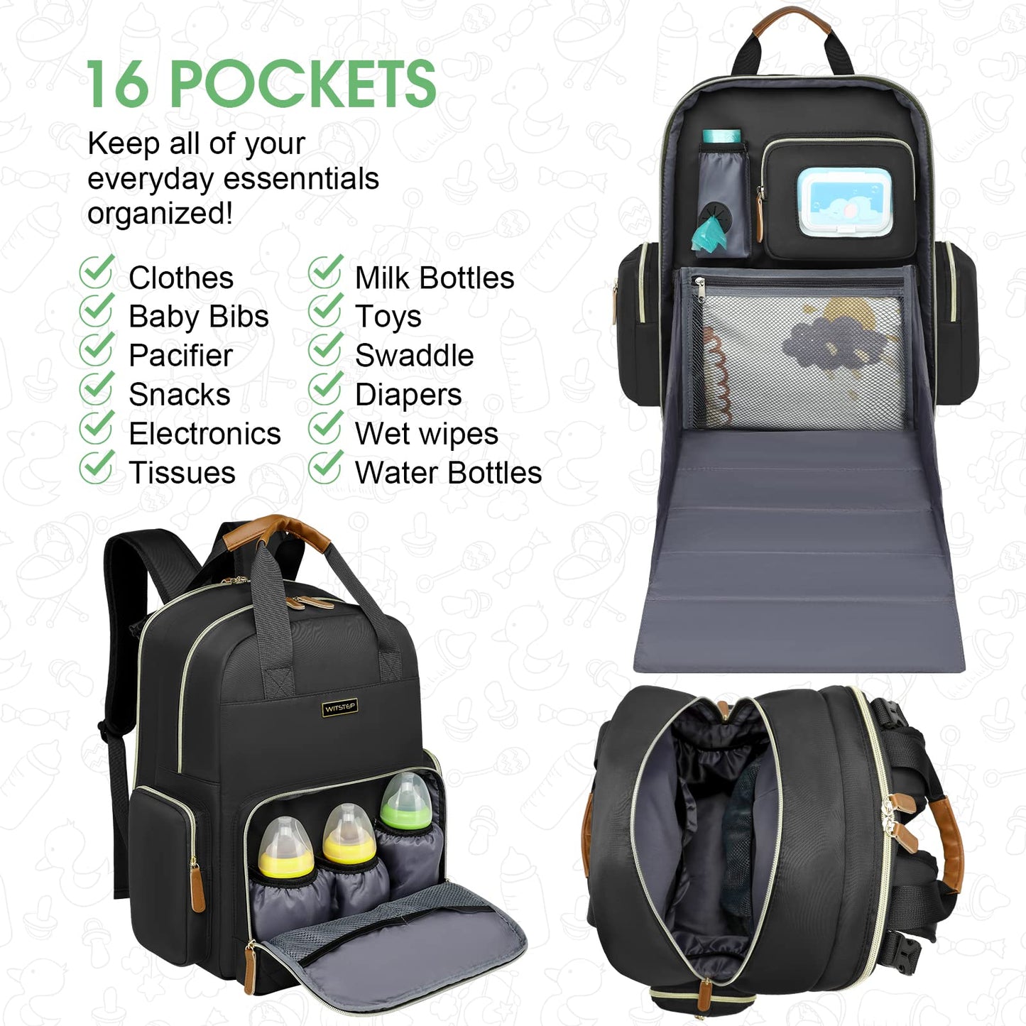 WITSTEP - Mochila para pañales con estación de cambio, organizador de pañales para bebés, para mamás, papás, bolsas grandes para cambiar de bebé, Negro, Medium-Large, Bolsa de pañales con cambiador