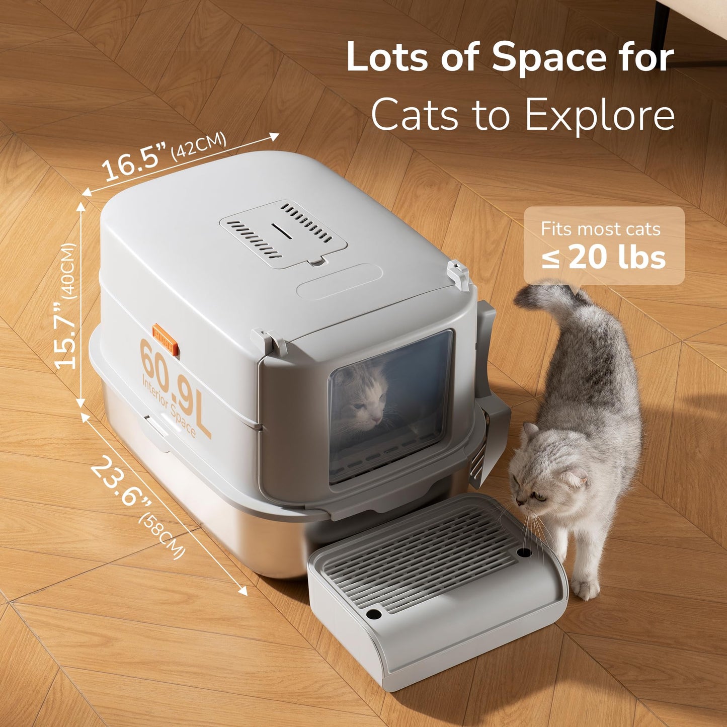 Aupures - Caja de arena de acero inoxidable con tapa – Caja de arena para gatos cubierta extraíble XL con solapa de puerta, caja de arena de metal extragrande con lados altos, cuchara de arena –