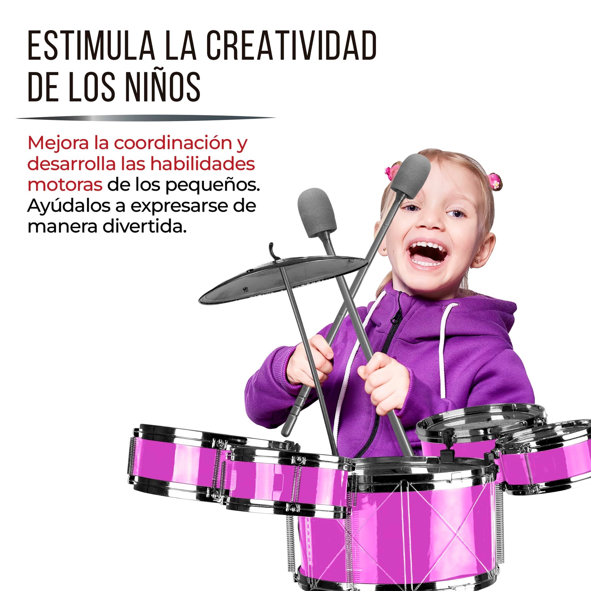 Guitalia Batería para Niños con Banco y Baquetas, Platillo, Bombo y Tarolas con Sonidos Realistas, Fácil de Armar, Ligera, Resistente, Ideal para Desarrollar la Creatividad y Habilidades Musicales